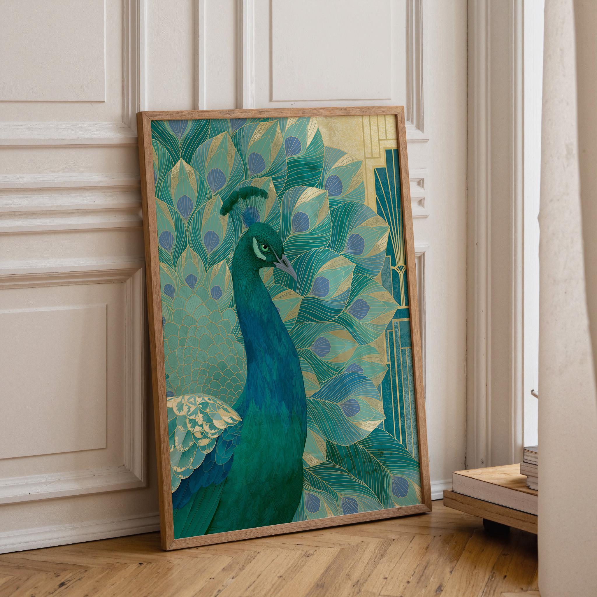Blue & Green Art Deco Peacock Wall Art by The Wall Art Studio