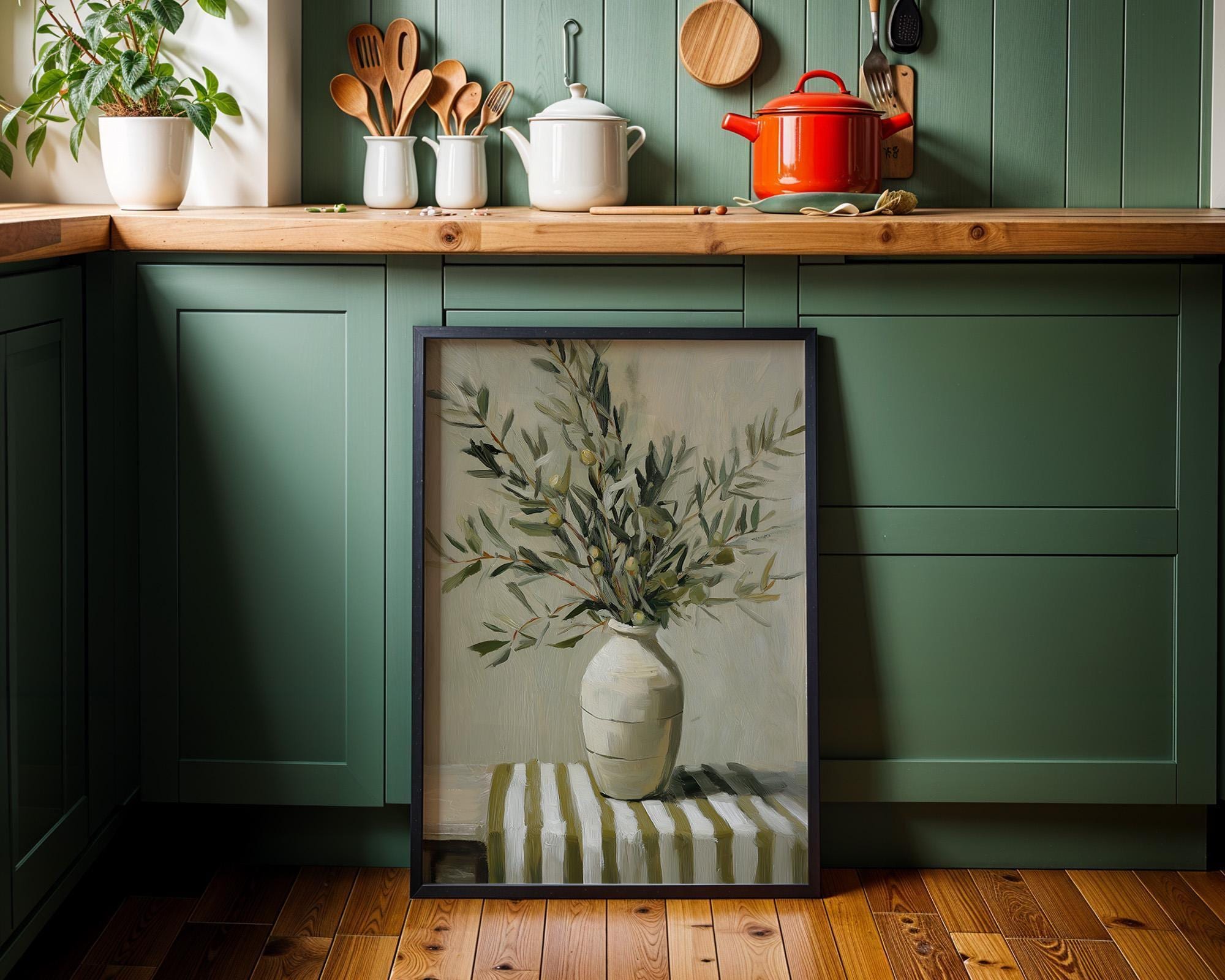 Olive Branch Vase Rustic Mediterranean Neutral Farmhouse Kitchen Wall Art by The Wall Art Studio - physical