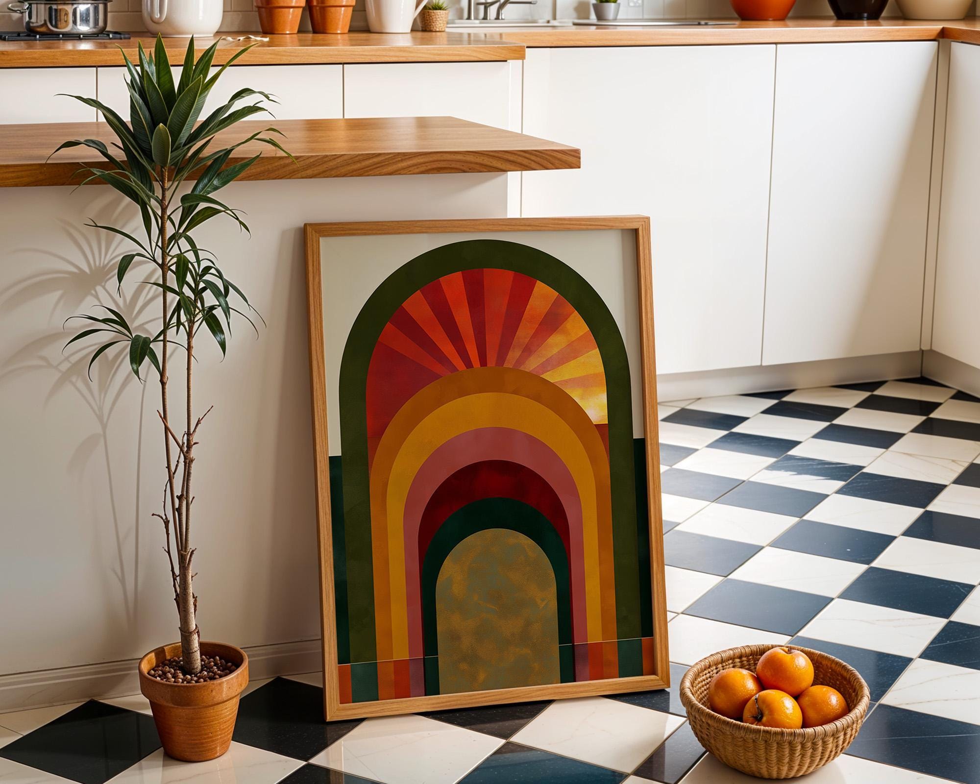 Green, Gold & Orange Art Deco Sunrise Arch Geometric Retro Wall Art by The Wall Art Studio