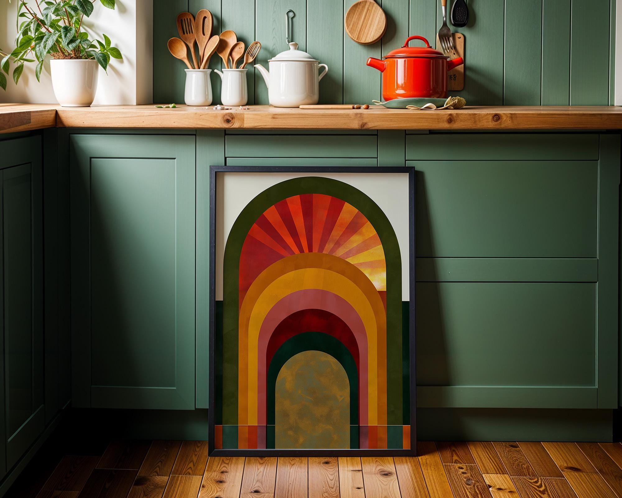 Green, Gold & Orange Art Deco Sunrise Arch Geometric Retro Wall Art by The Wall Art Studio