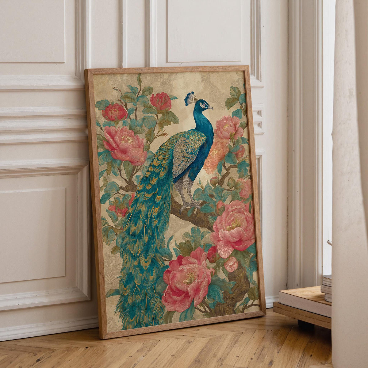 Chinoiserie Peacock & Peony Vintage Asian Floral Wall Art by The Wall Art Studio - physical