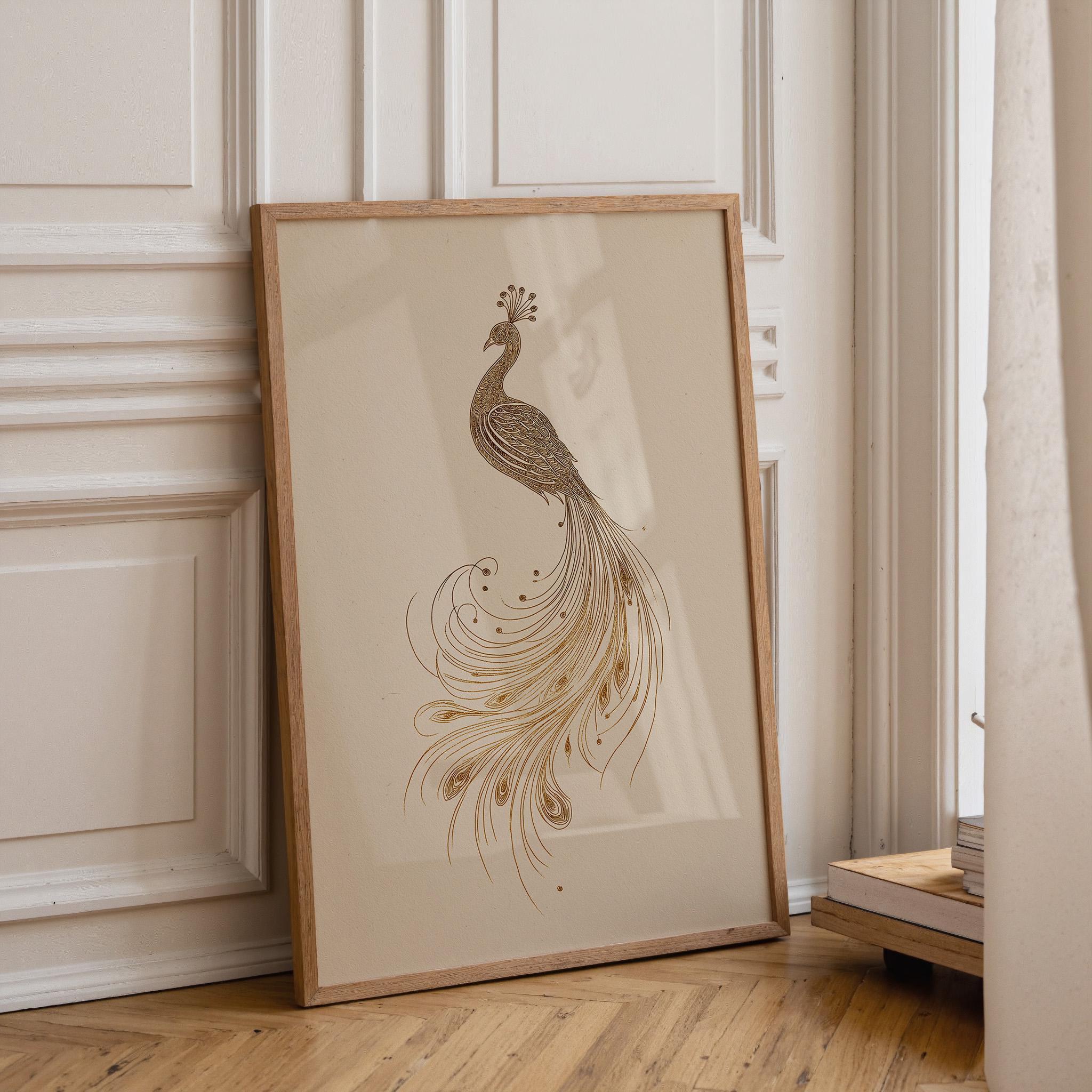 Minimalist Peacock Line Art Elegant Gold Bird Wall Art by The Wall Art Studio - physical