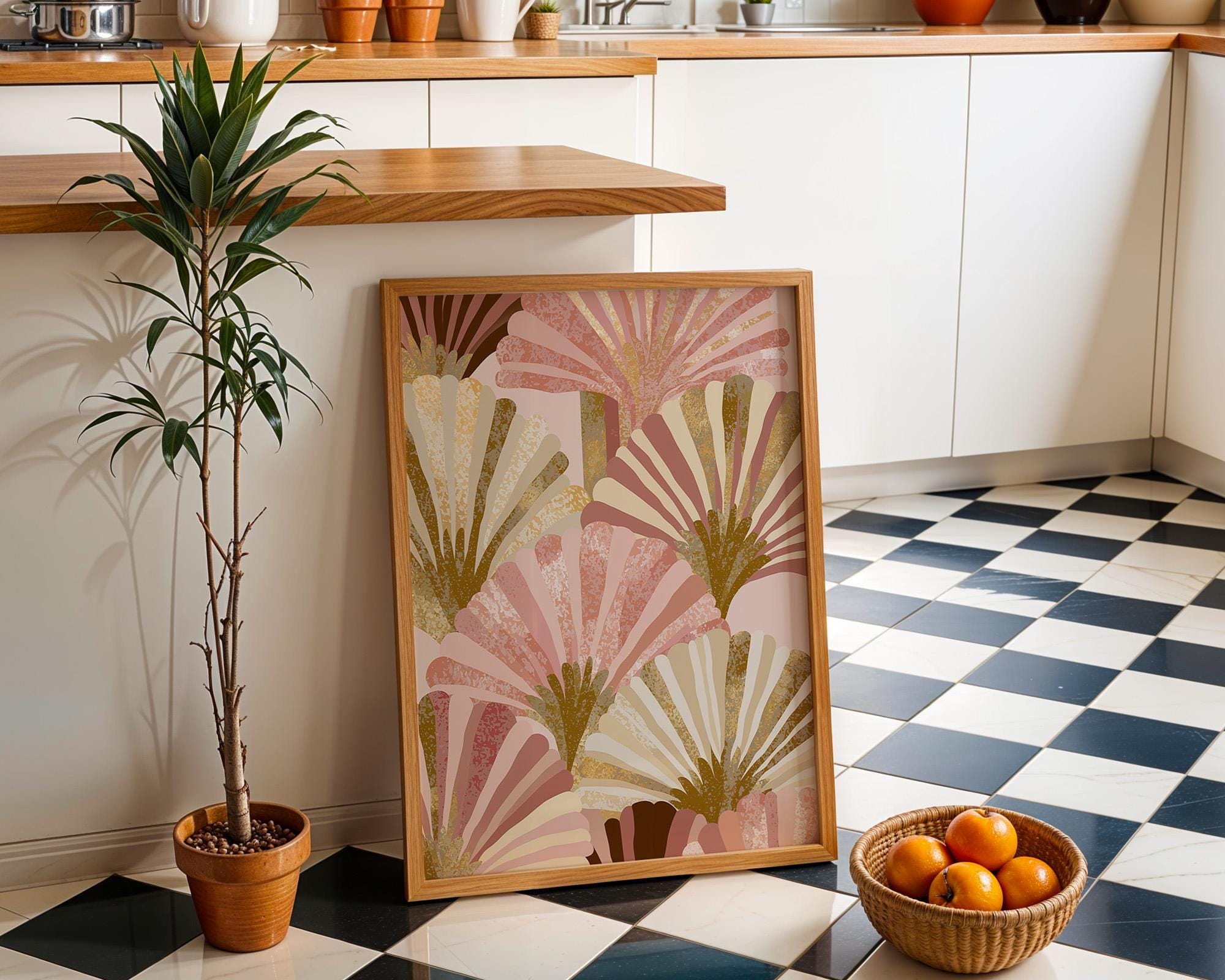 Blush Pink & Gold Abstract Neo Deco Fan Pattern Wall Art by The Wall Art Studio