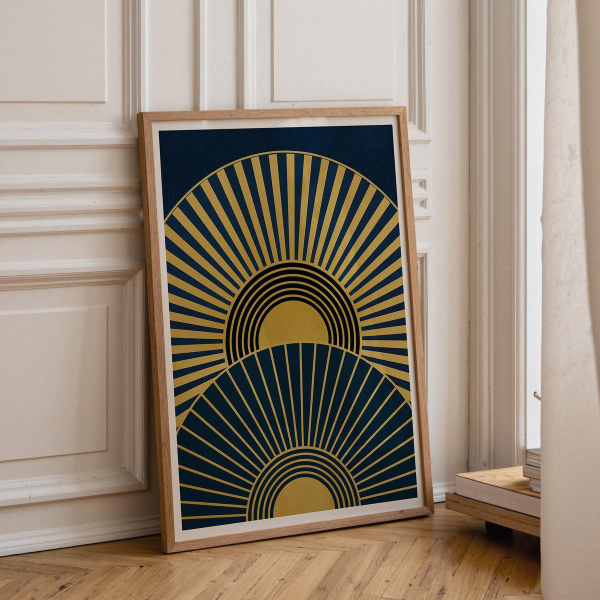 Art Deco Navy Blue & Gold Geometric Sunburst Sunrise Wall Art by The Wall Art Studio