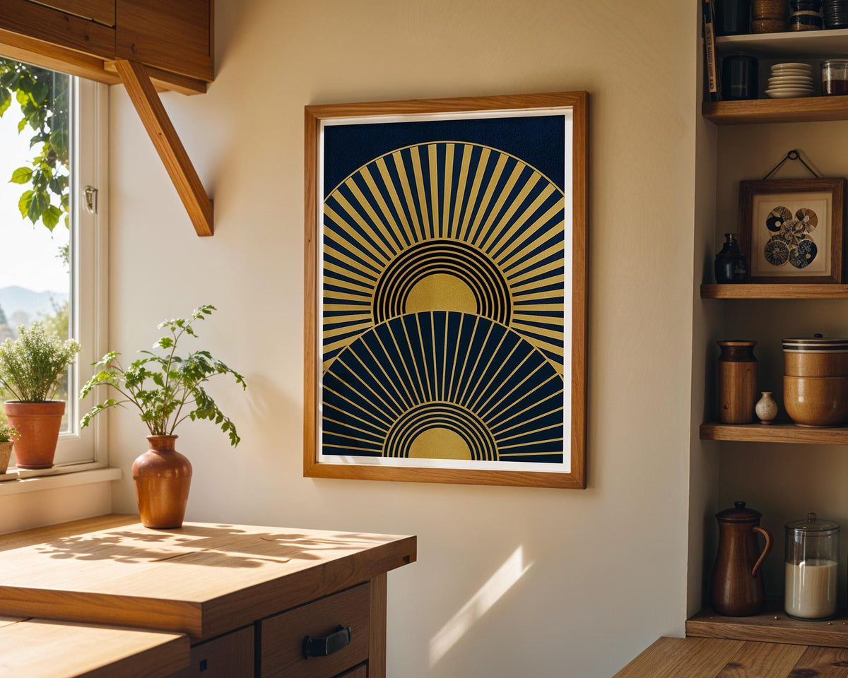Art Deco Navy Blue & Gold Geometric Sunburst Sunrise Wall Art by The Wall Art Studio