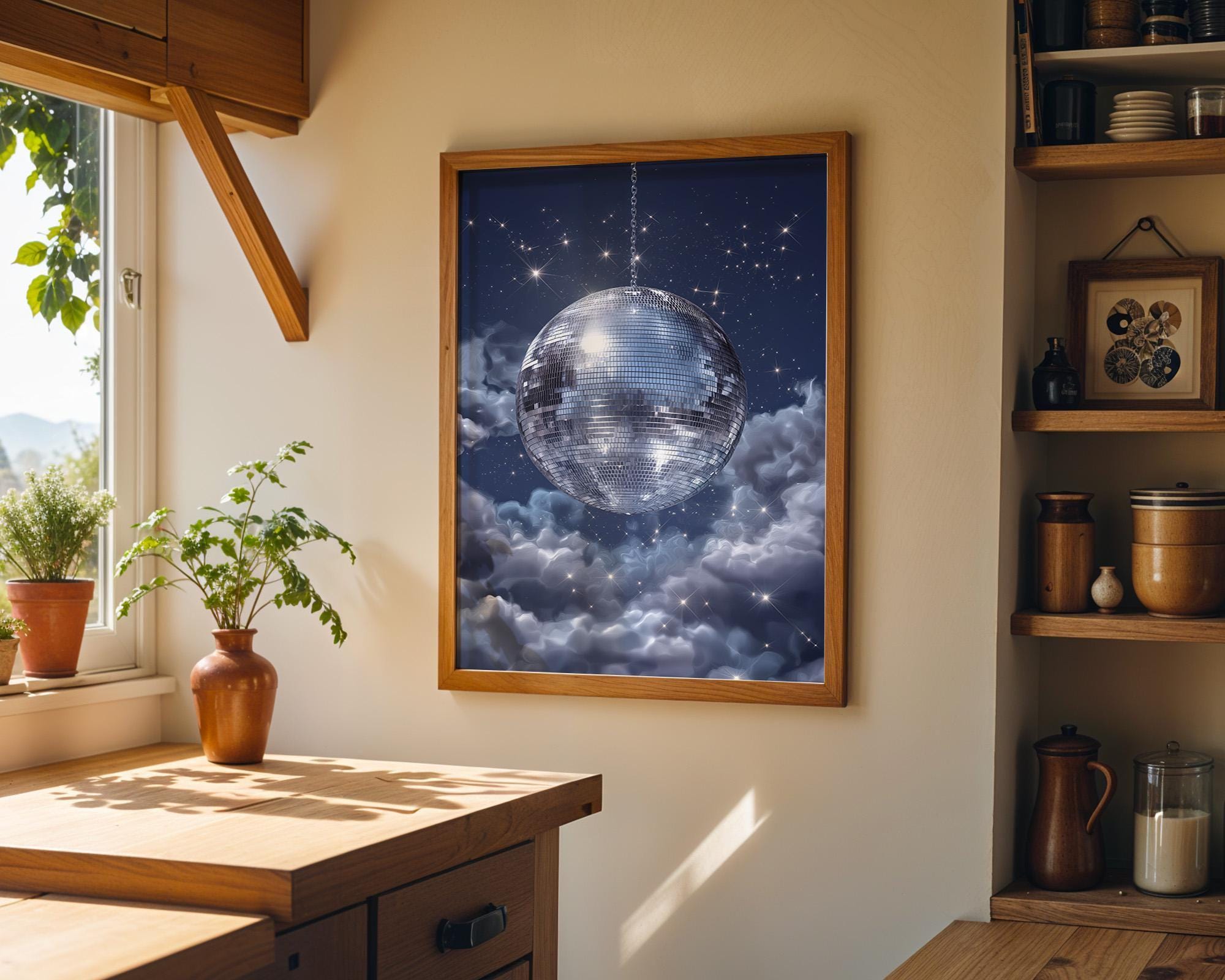 Celestial Disco Ball Midnight Sky Retro Blue Wall Art by The Wall Art Studio