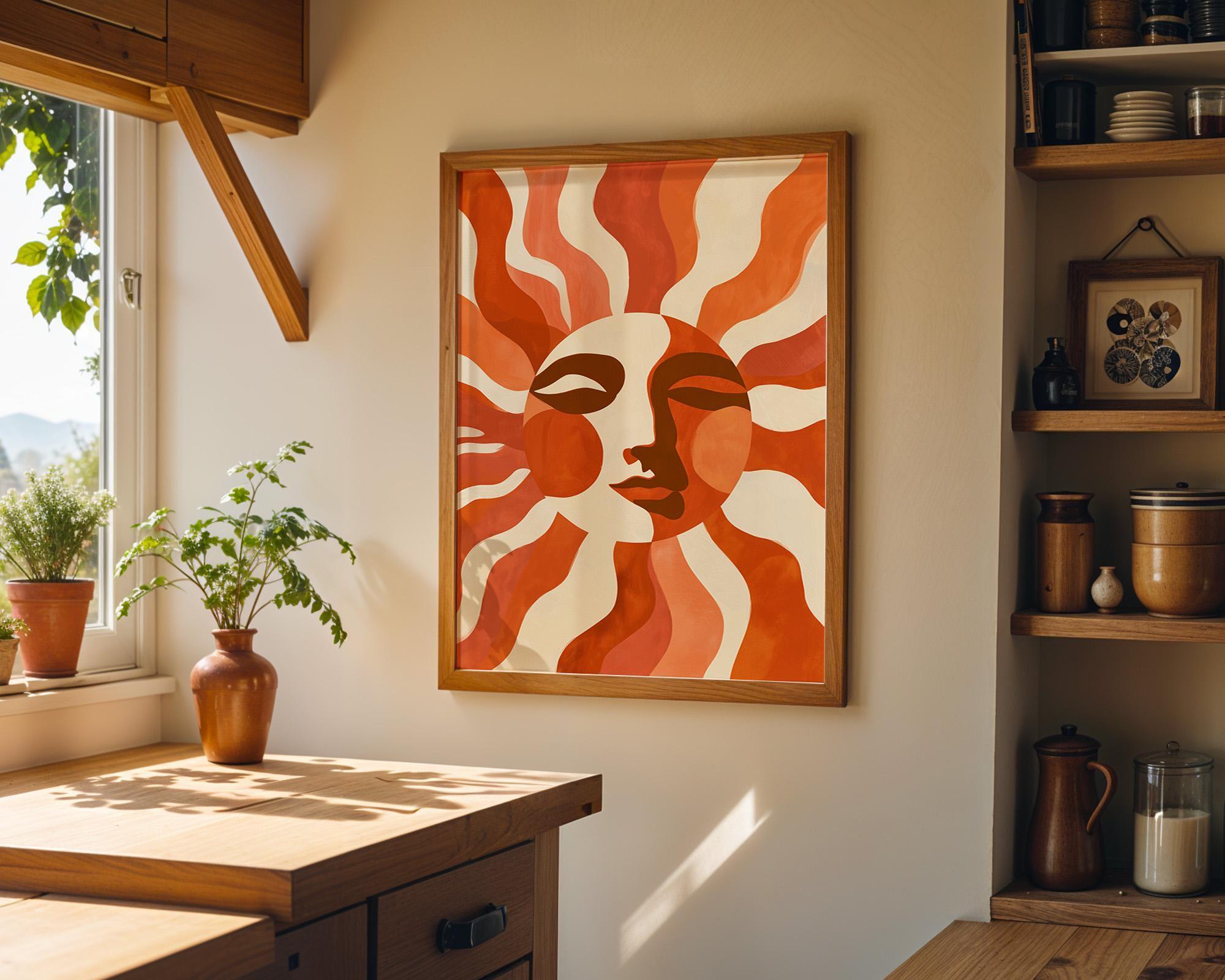 Retro Sun Face Boho Celestial Mid Century Modern Wall Art by The Wall Art Studio