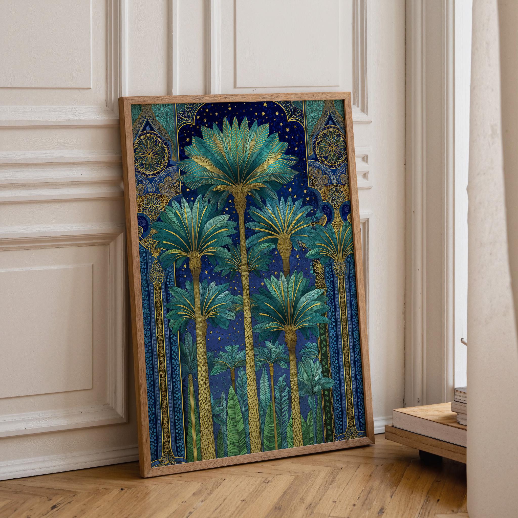 Islamic Palm Tree Blue & Gold Moroccan Night Landscape Wall Art by The Wall Art Studio