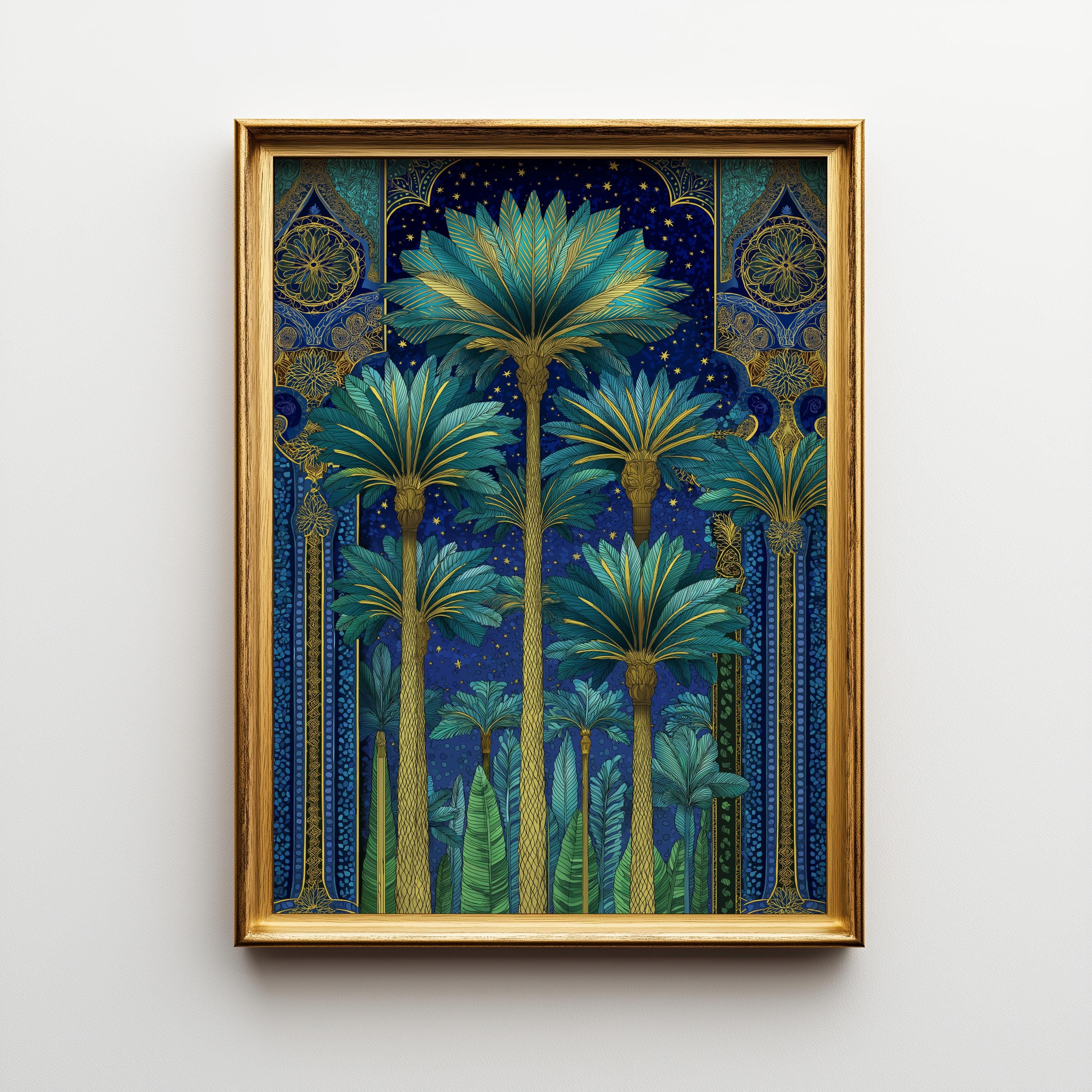 Islamic Palm Tree Blue & Gold Moroccan Night Landscape Wall Art by The Wall Art Studio