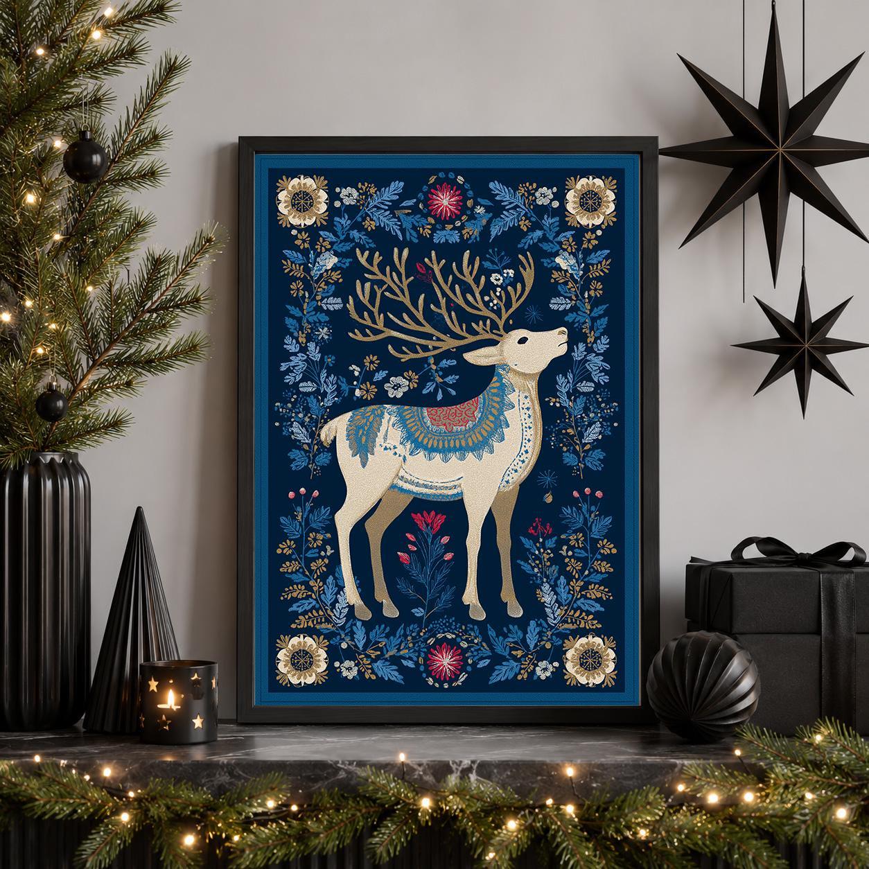 Scandinavian Christmas Nordic Reindeer Woodland Winter Wall Art by The Wall Art Studio