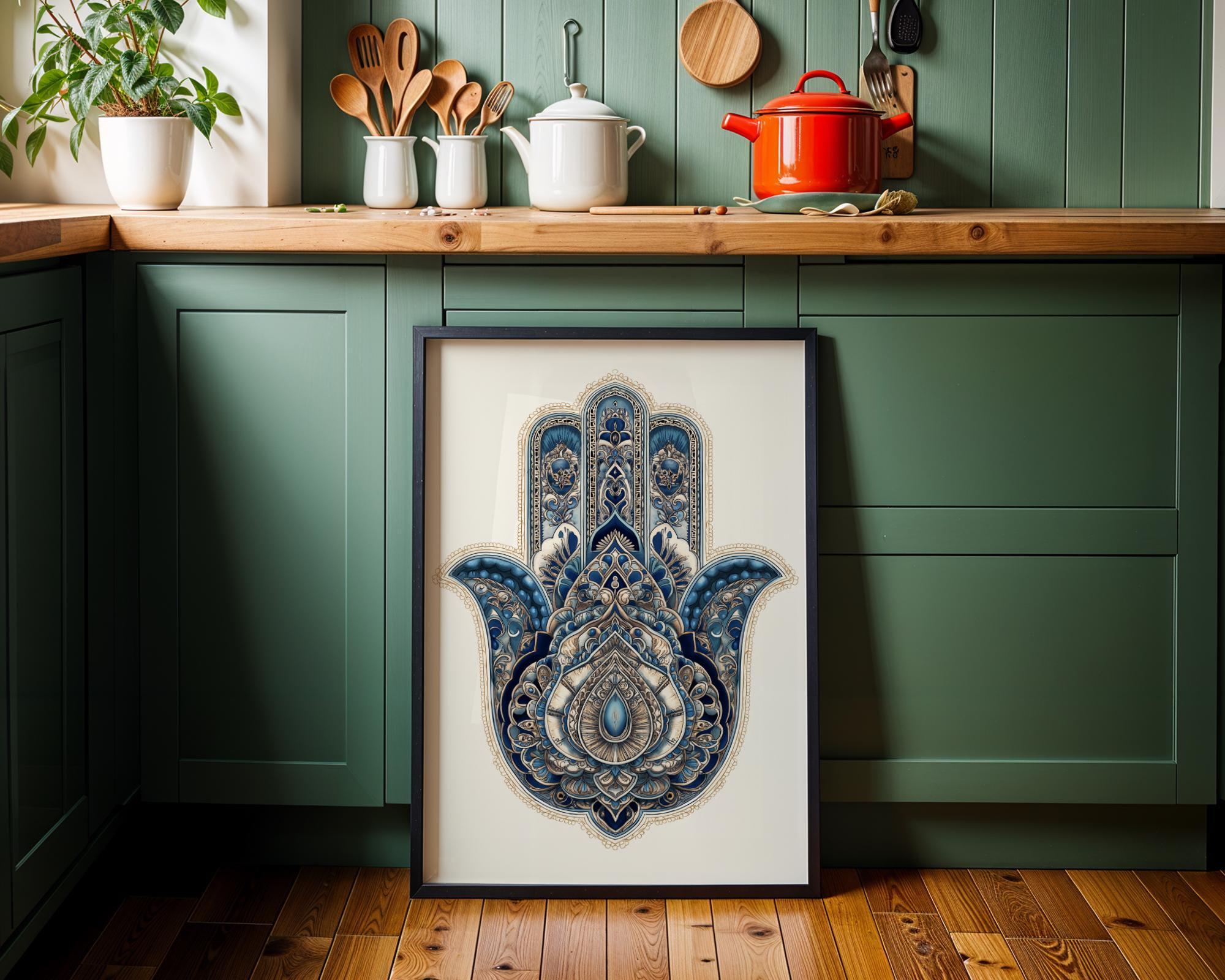 Intricate Blue Hamsa Jewish Home Blessing Wall Art by The Wall Art Studio