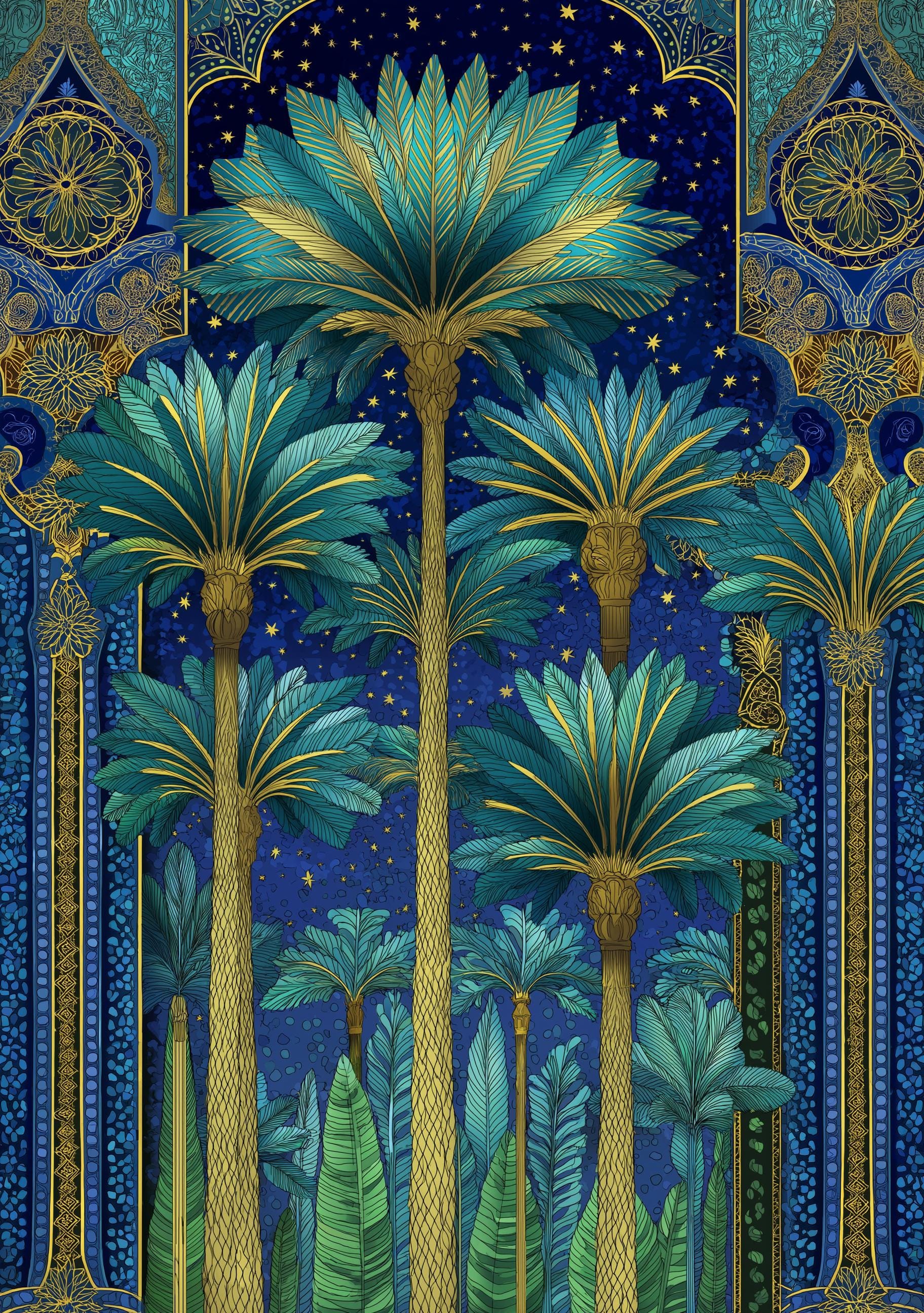 Islamic Palm Tree Blue & Gold Moroccan Night Landscape Wall Art by The Wall Art Studio