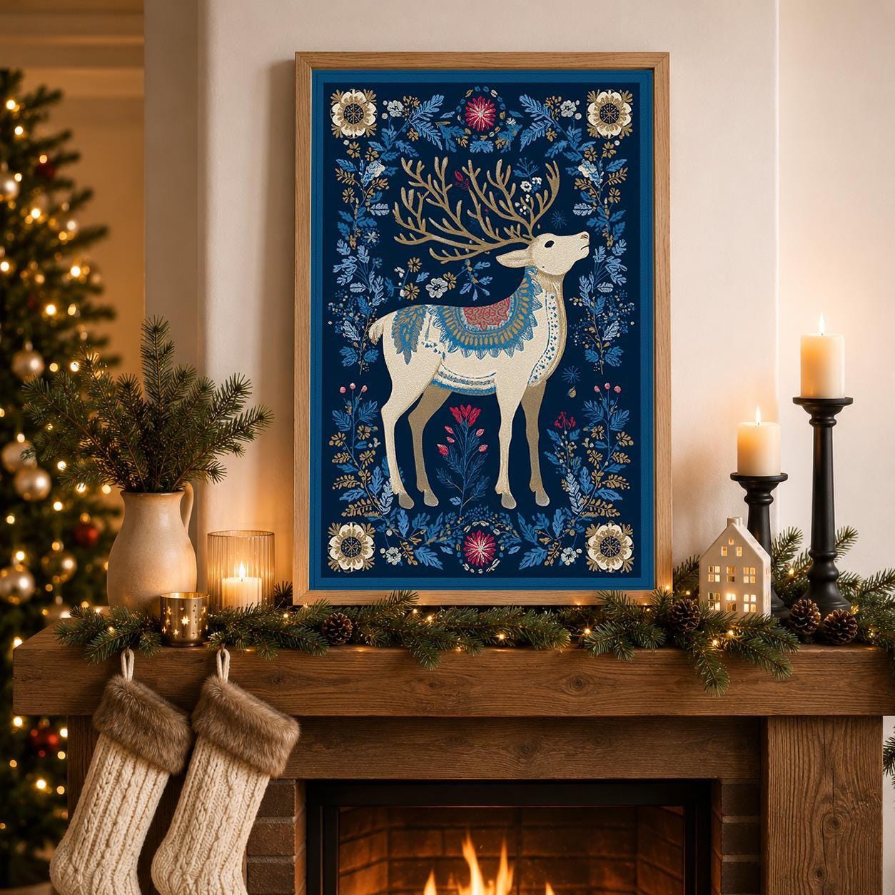 Scandinavian Christmas Nordic Reindeer Woodland Winter Wall Art by The Wall Art Studio