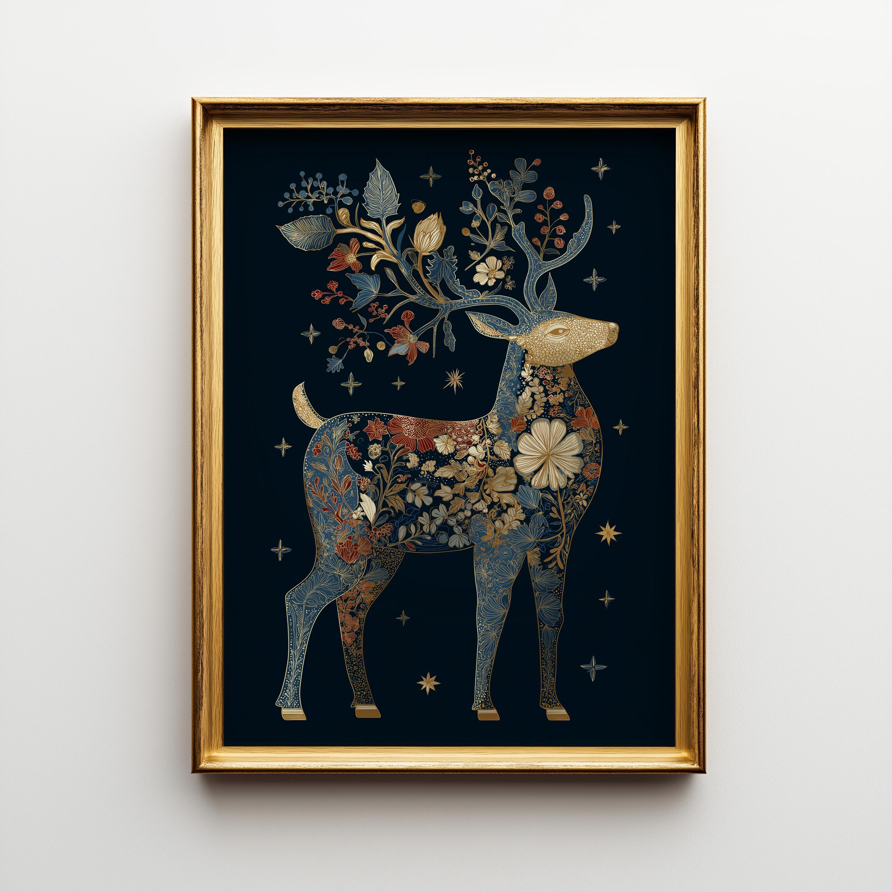 Blue & Gold Luxury Scandinavian Deer Christmas Reindeer Wall Art by The Wall Art Studio