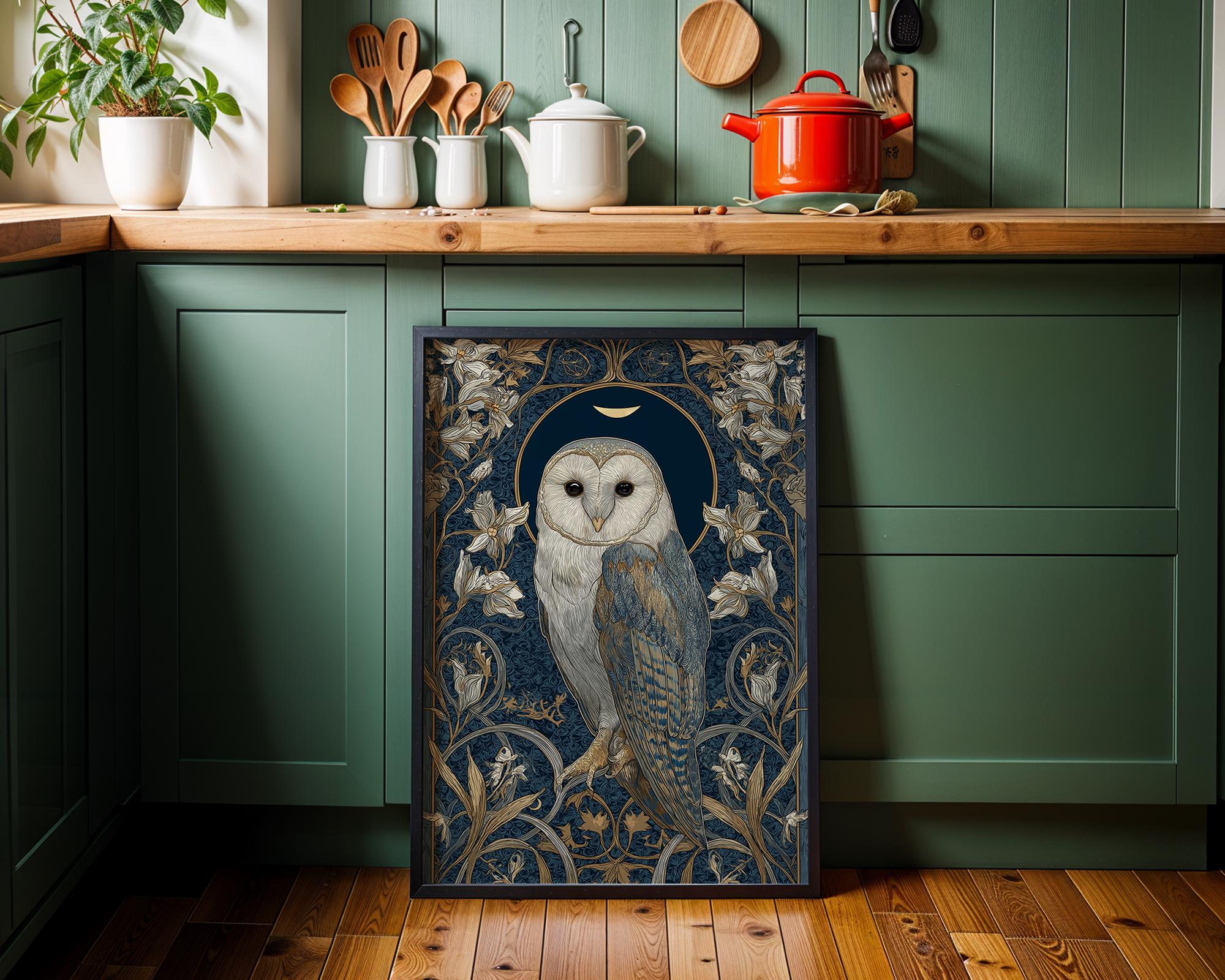 Art Nouveau Barn Owl Botanical William Morris Style Wall Art