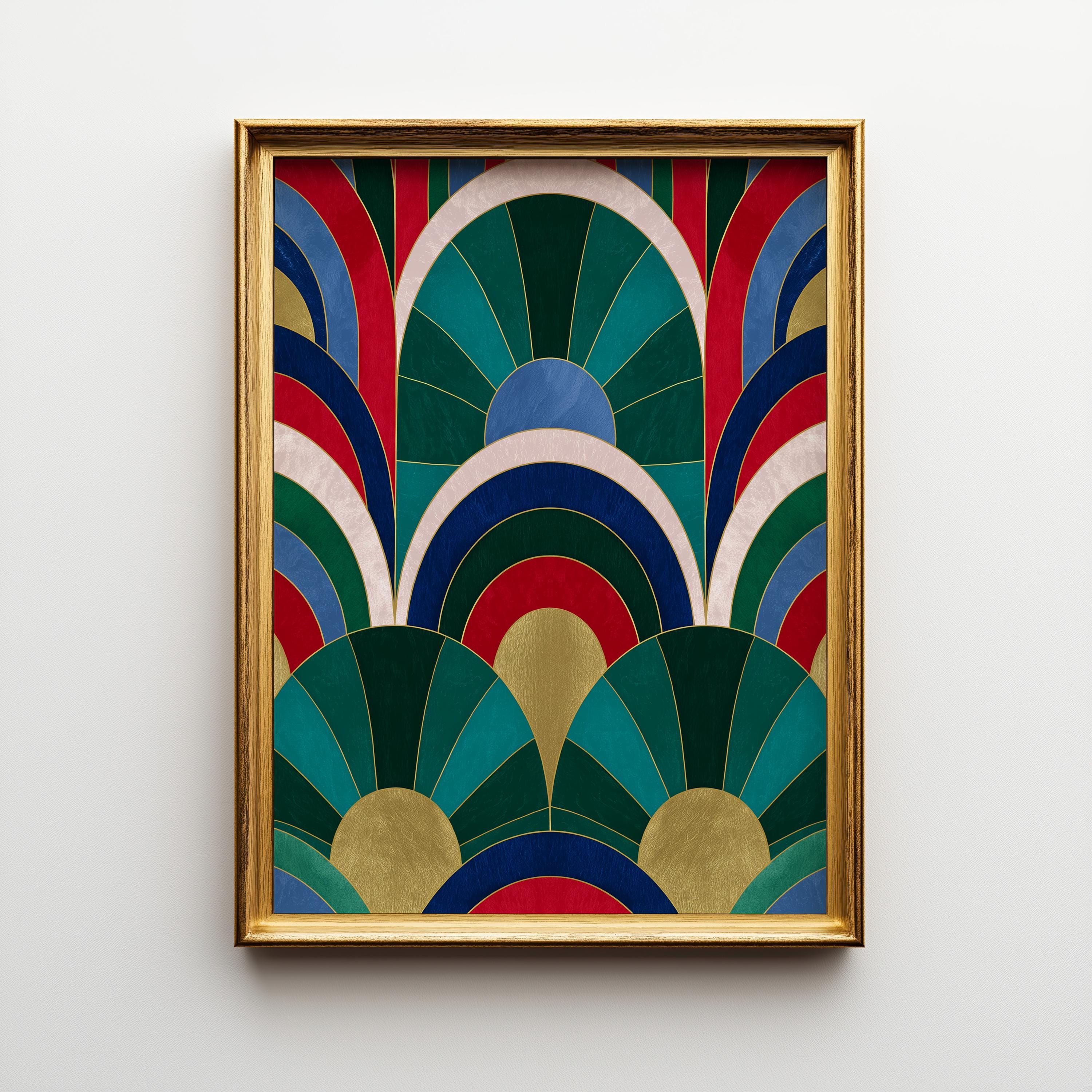 Emerald Green, Blue & Gold Abstract Art Deco Geometric Fan Wall Art by The Wall Art Studio