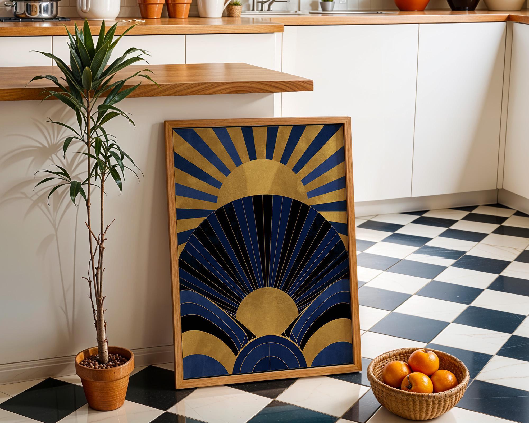 Navy Blue & Gold Neo Deco Sunburst Wall Art by The Wall Art Studio