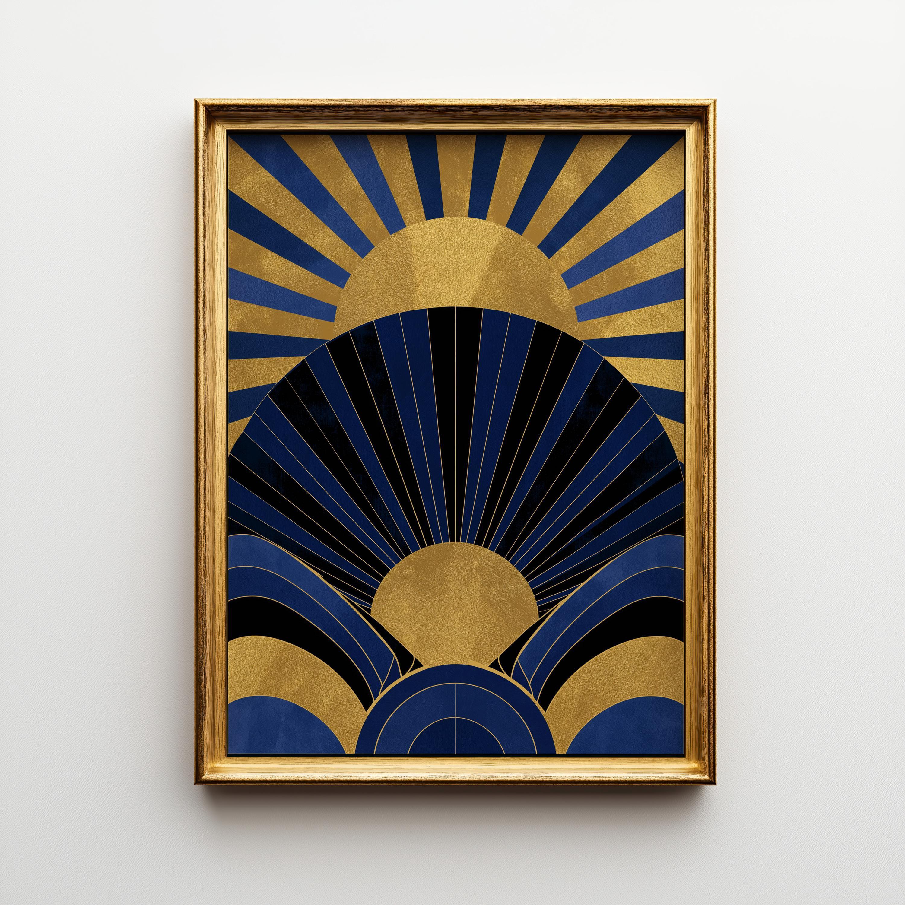 Navy Blue & Gold Neo Deco Sunburst Wall Art by The Wall Art Studio