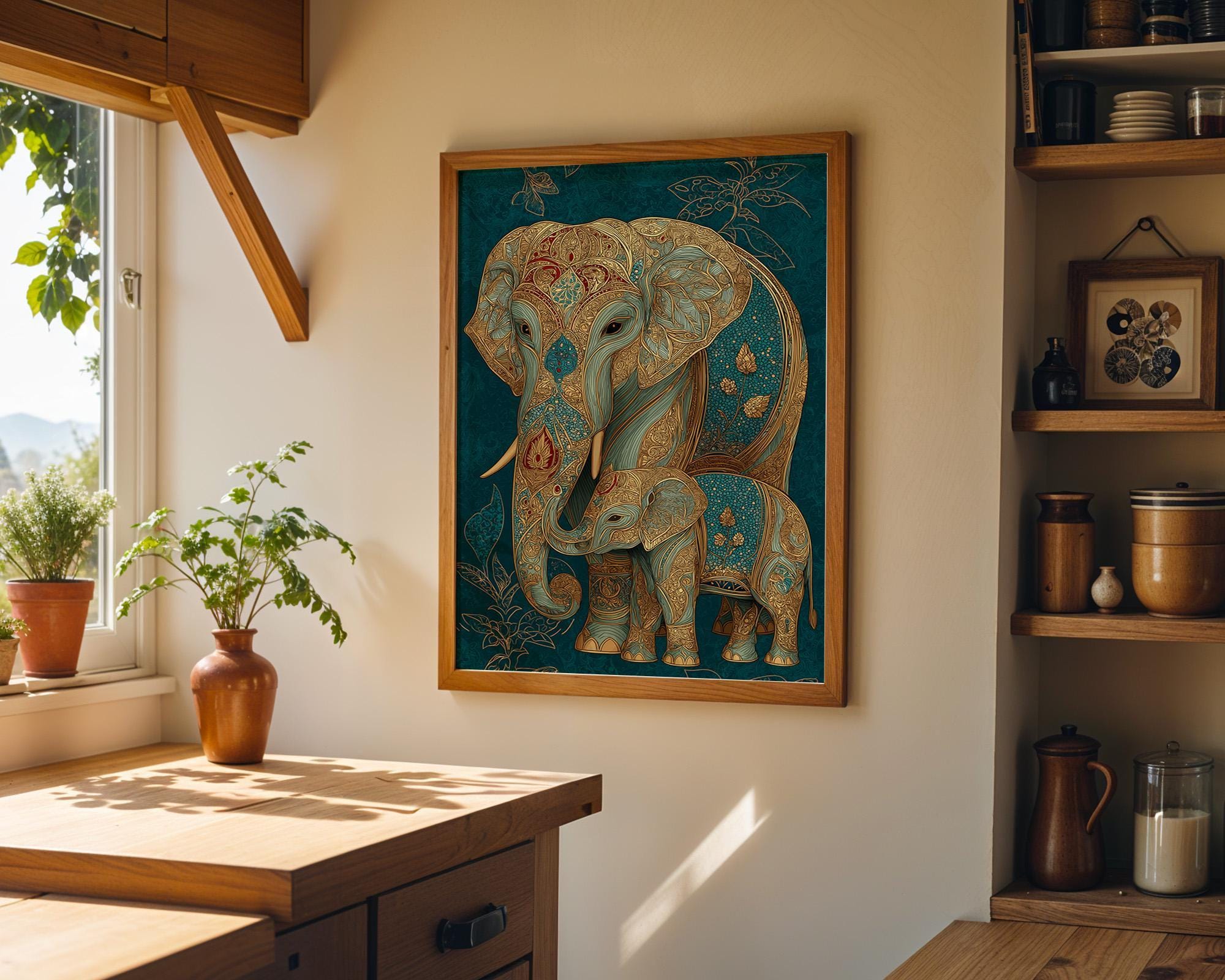 Teal Elephant Ornate Boho Safari Animal Wall Art
