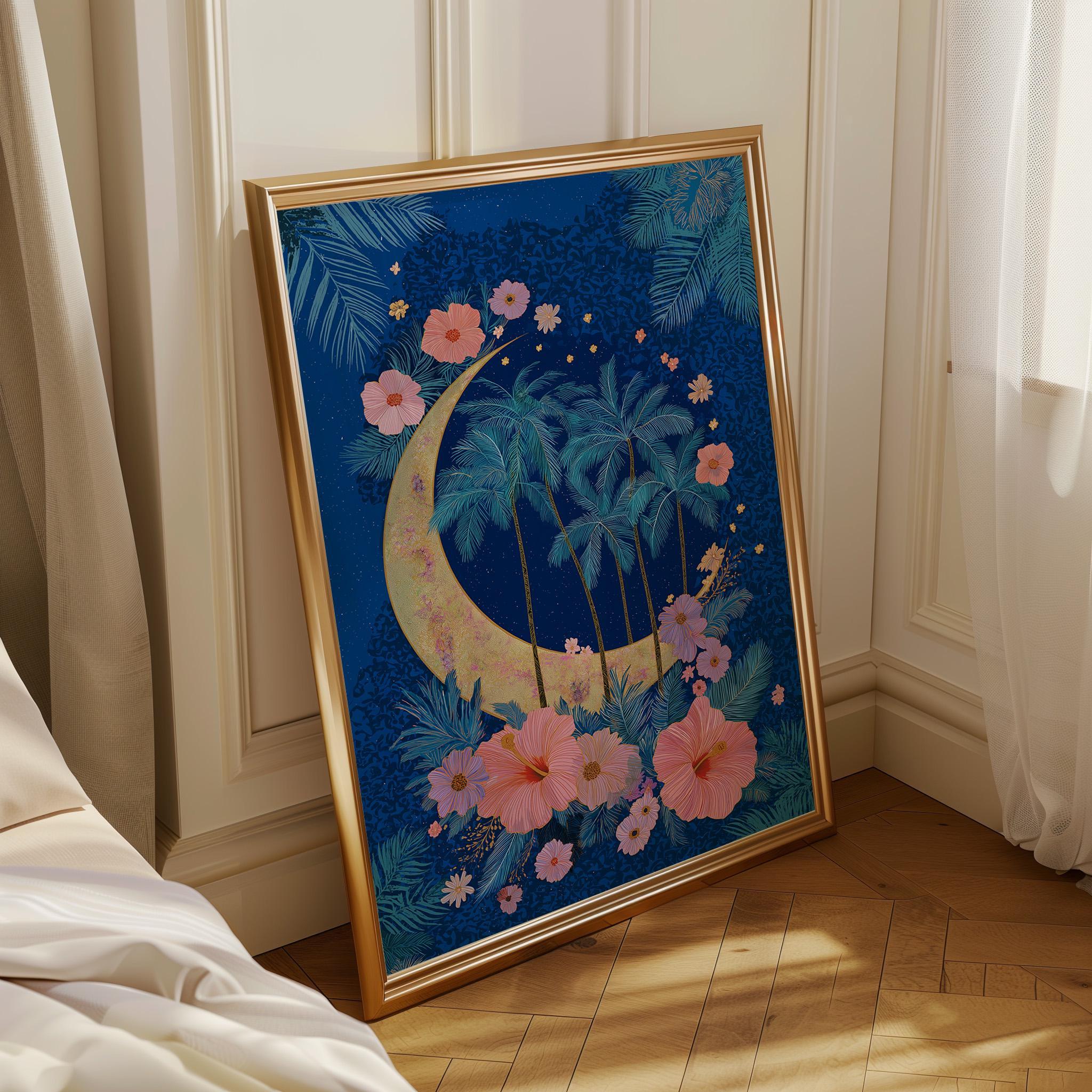 Blue Palm Tree Moon Celestial Tropical Boho Night Sky Wall Art by The Wall Art Studio