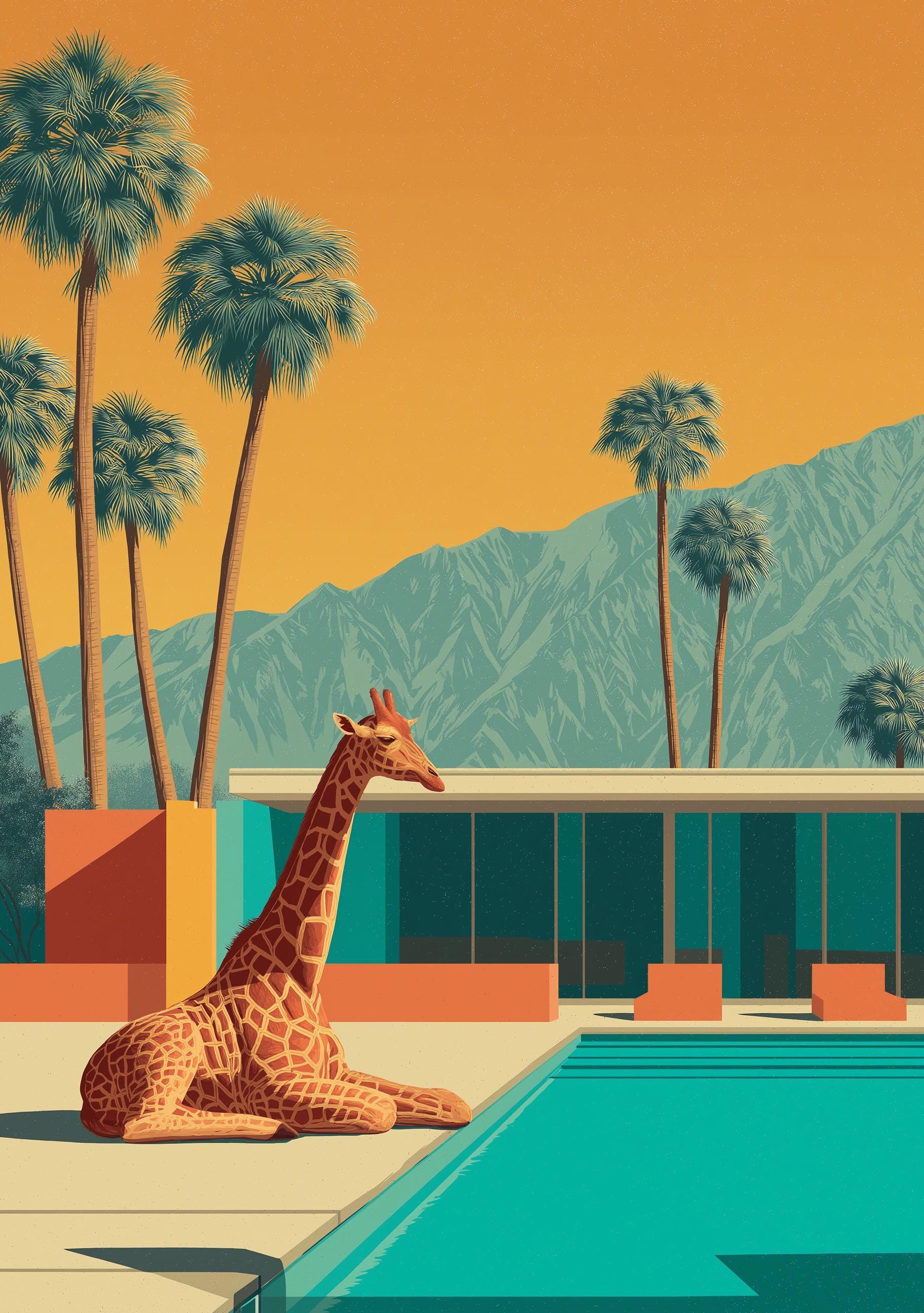 Mid Century Modern Springs Giraffe in Pool Retro Desert Landscape Wall Art by The Wall Art Studio - physical