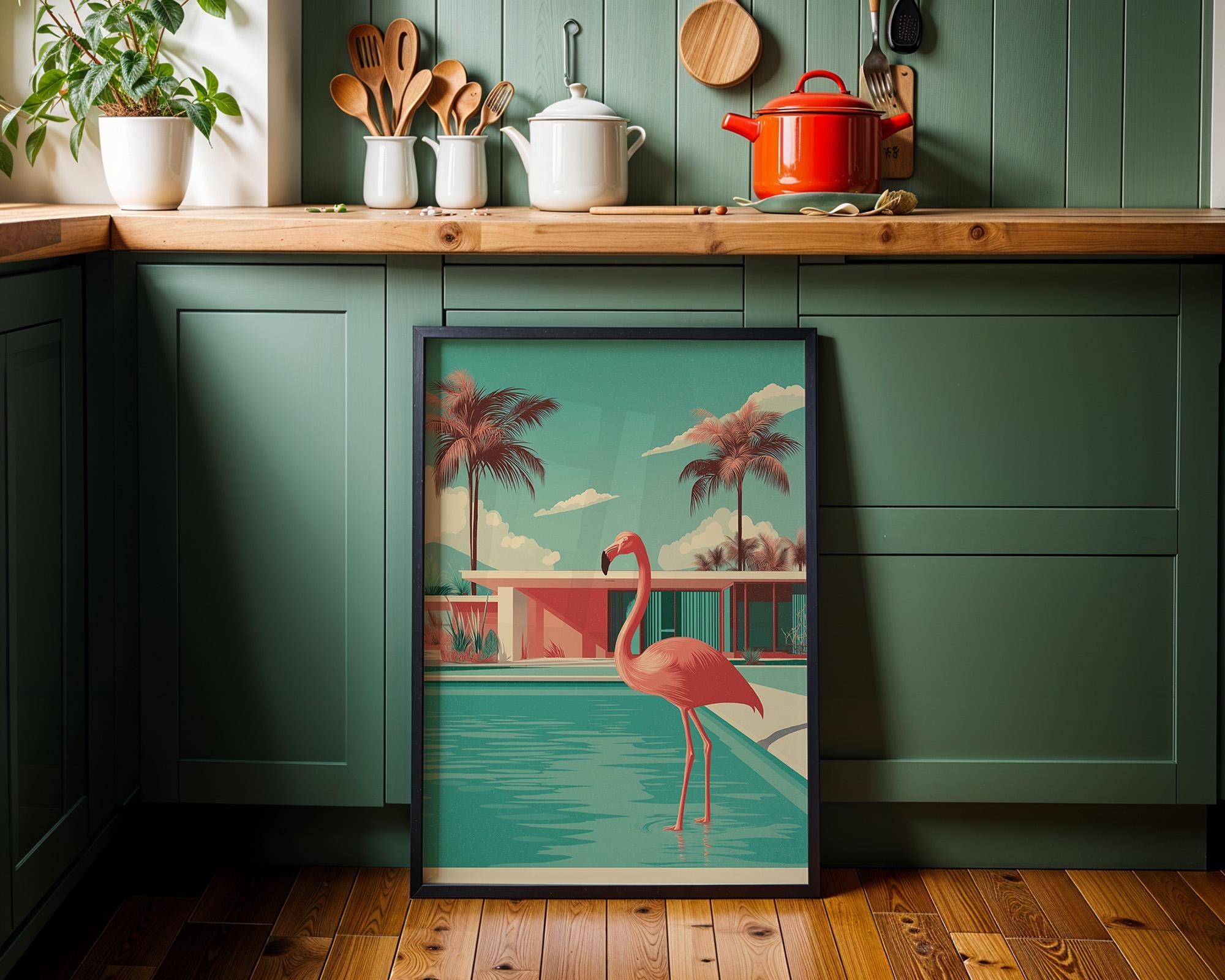 Mid Century Modern Flamingo in Pool Palm Springs Retro Wall Art by The Wall Art Studio - physical