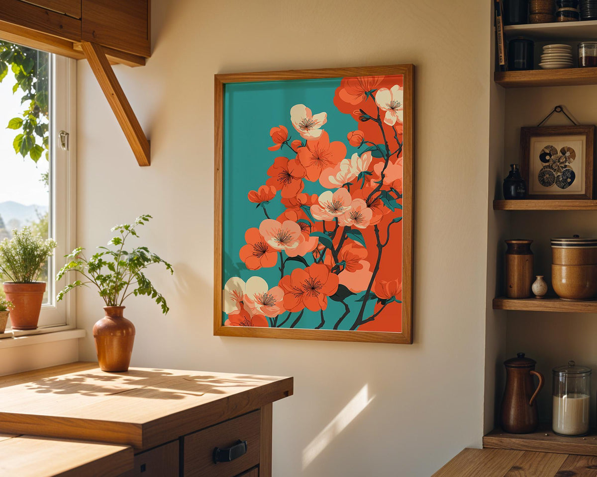 Cherry Blossom Bold Floral Teal and Orange Modern Japandi Wall Art