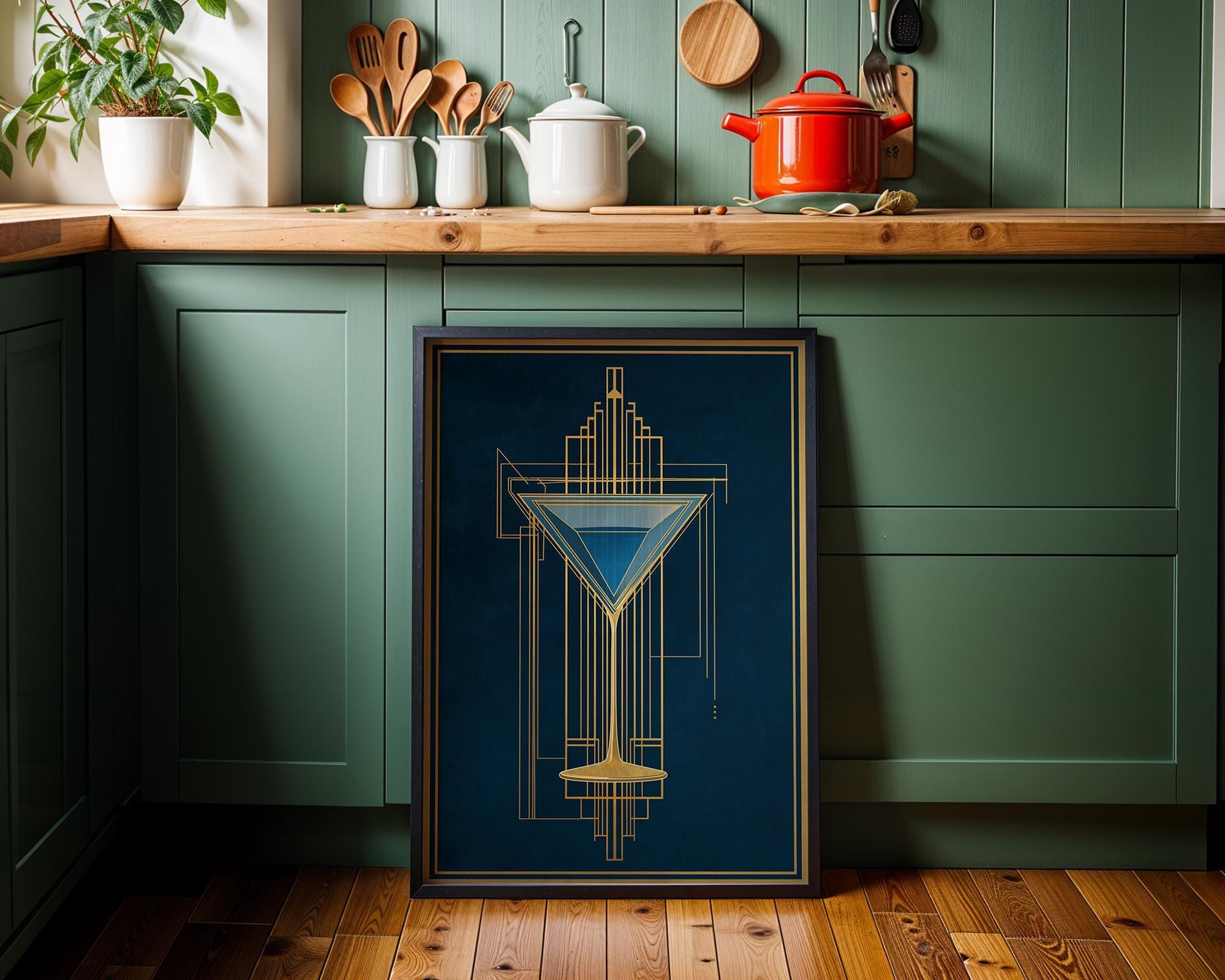 Art Deco Cocktail Wall Art Print, Minimalist Martini Illustration, Blue and Gold Bar Décor