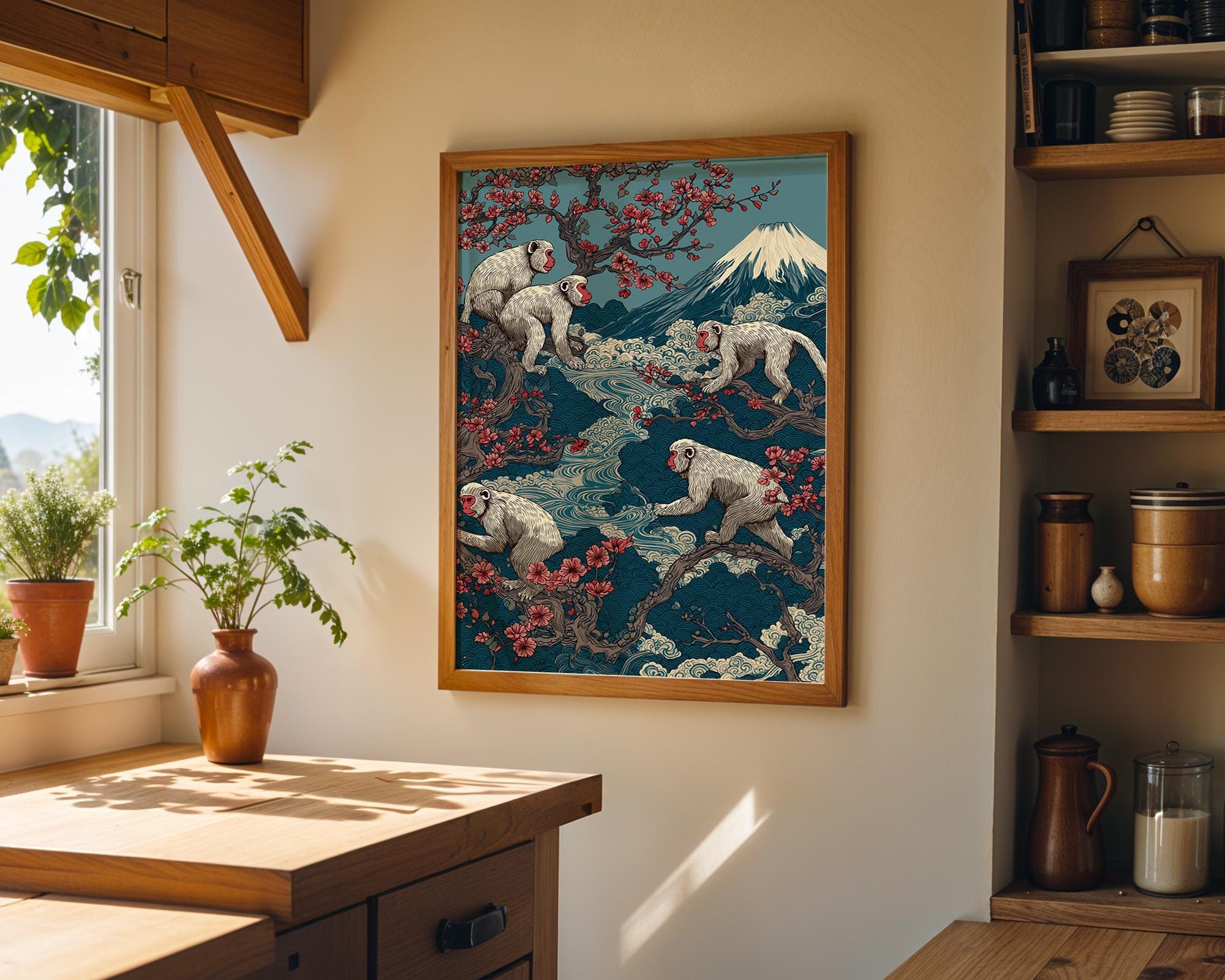 Japanese Monkey Mount Fuji Sakura Japandi Wall Art by The Wall Art Studio