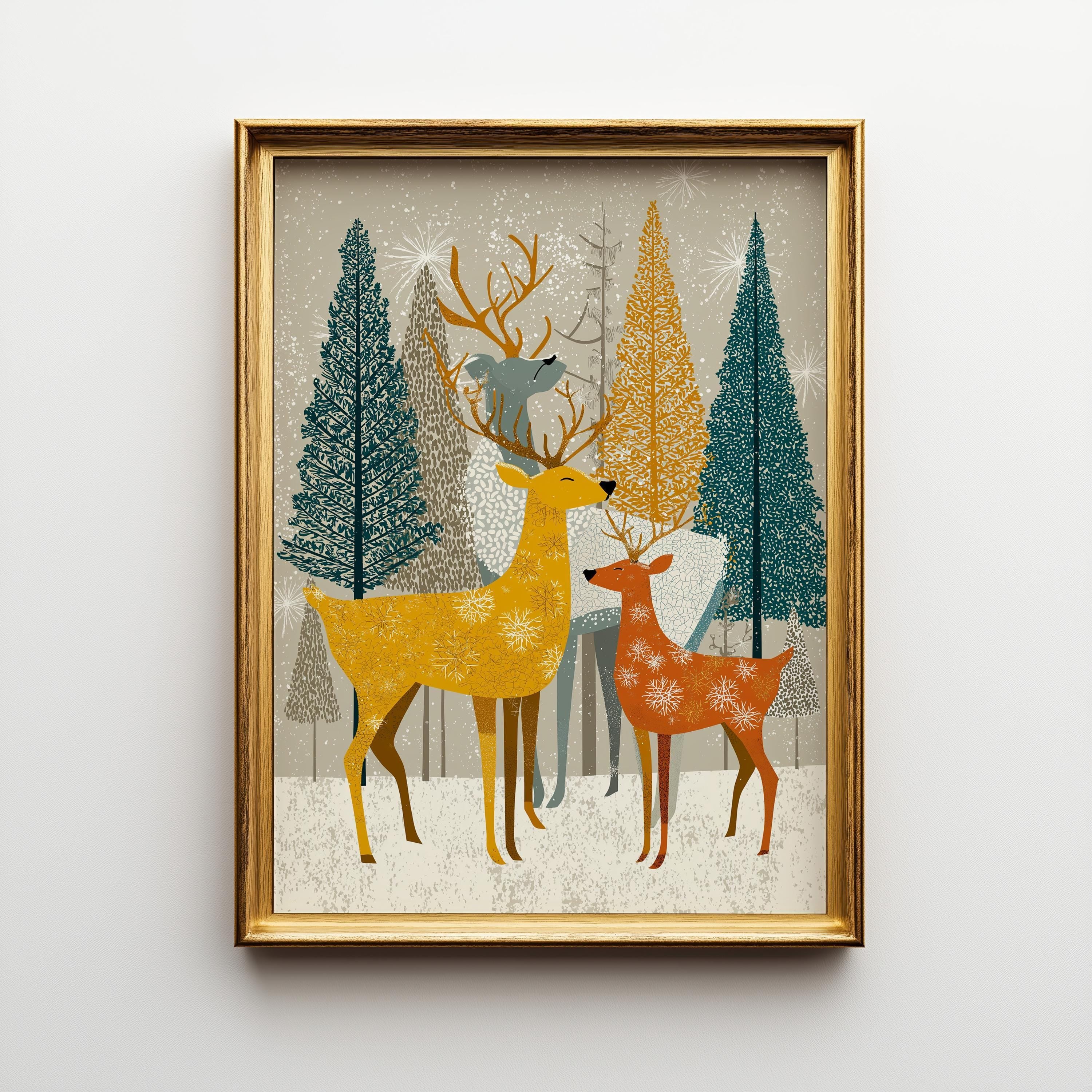 Scandinavian Christmas Reindeer Mid Century Winter Woodland Wall Art by The Wall Art Studio