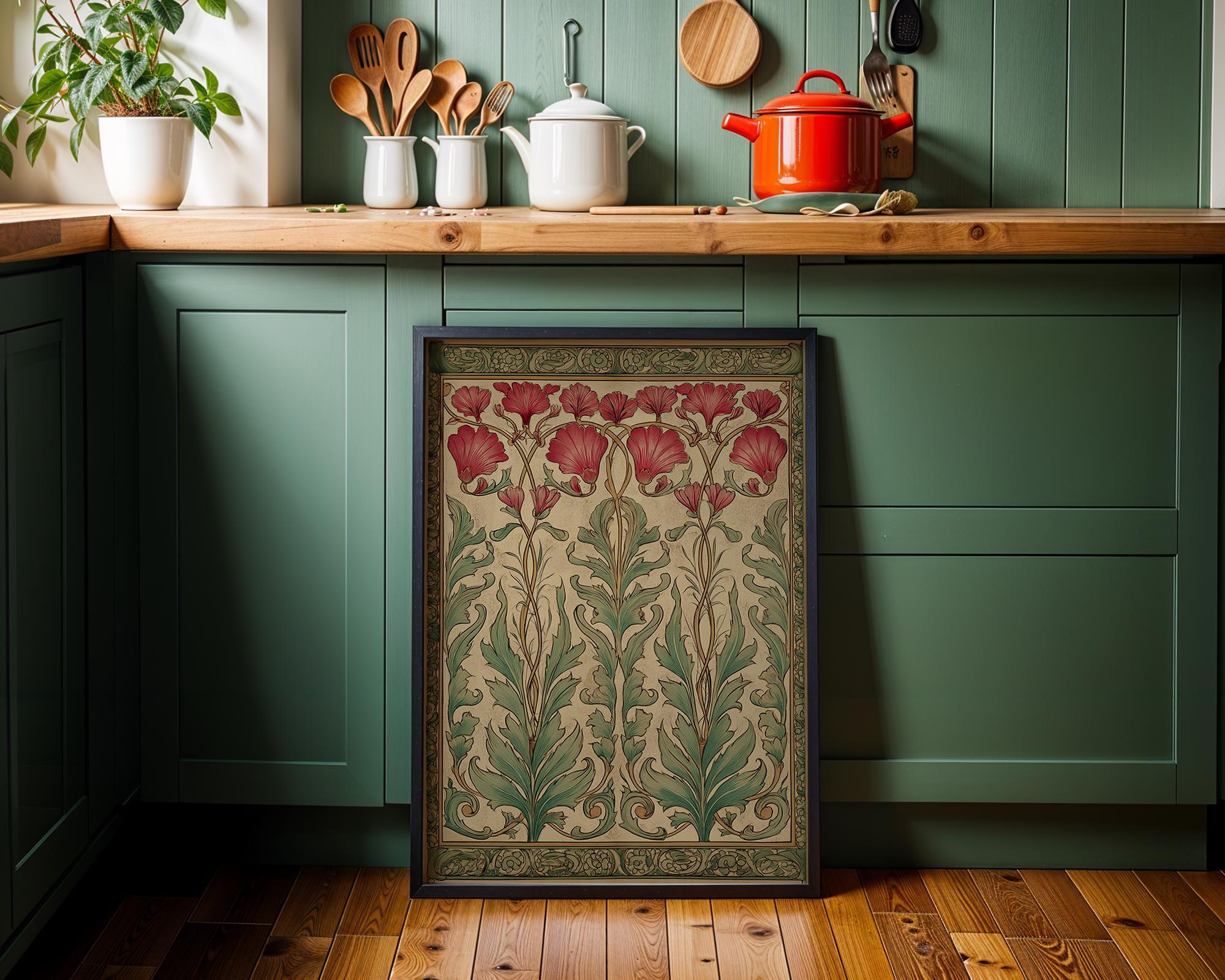 Art Nouveau Red Thistle Botanical William Morris Style Floral Wall Art