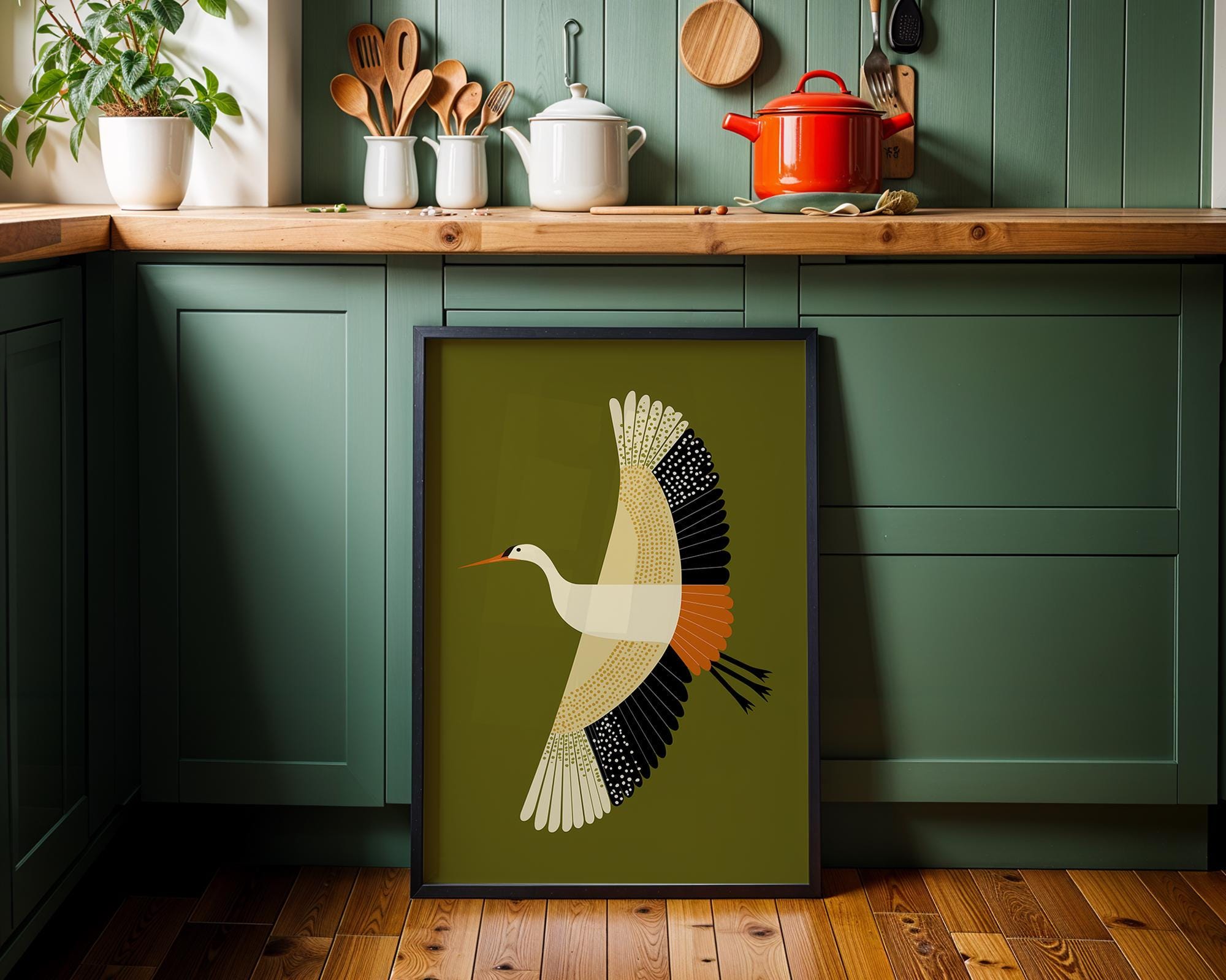 Mid Century Modern Crane Retro 1960s Olive Green Scandinavian Wall Art by The Wall Art Studio - physical