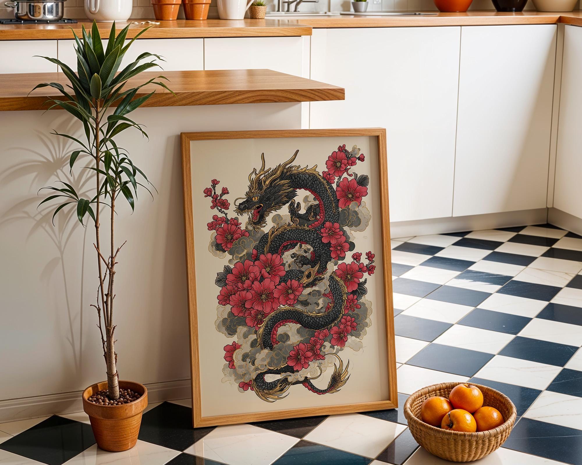 Japanese Dragon Cherry Blossom Dragon Oriental Tattoo Style Wall Art