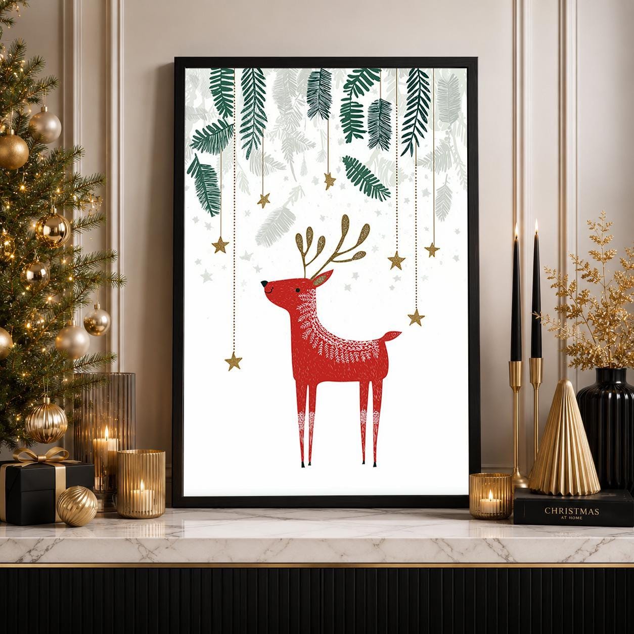 Scandinavian Reindeer Minimalist Nordic Woodland Christmas Wall Art by The Wall Art Studio