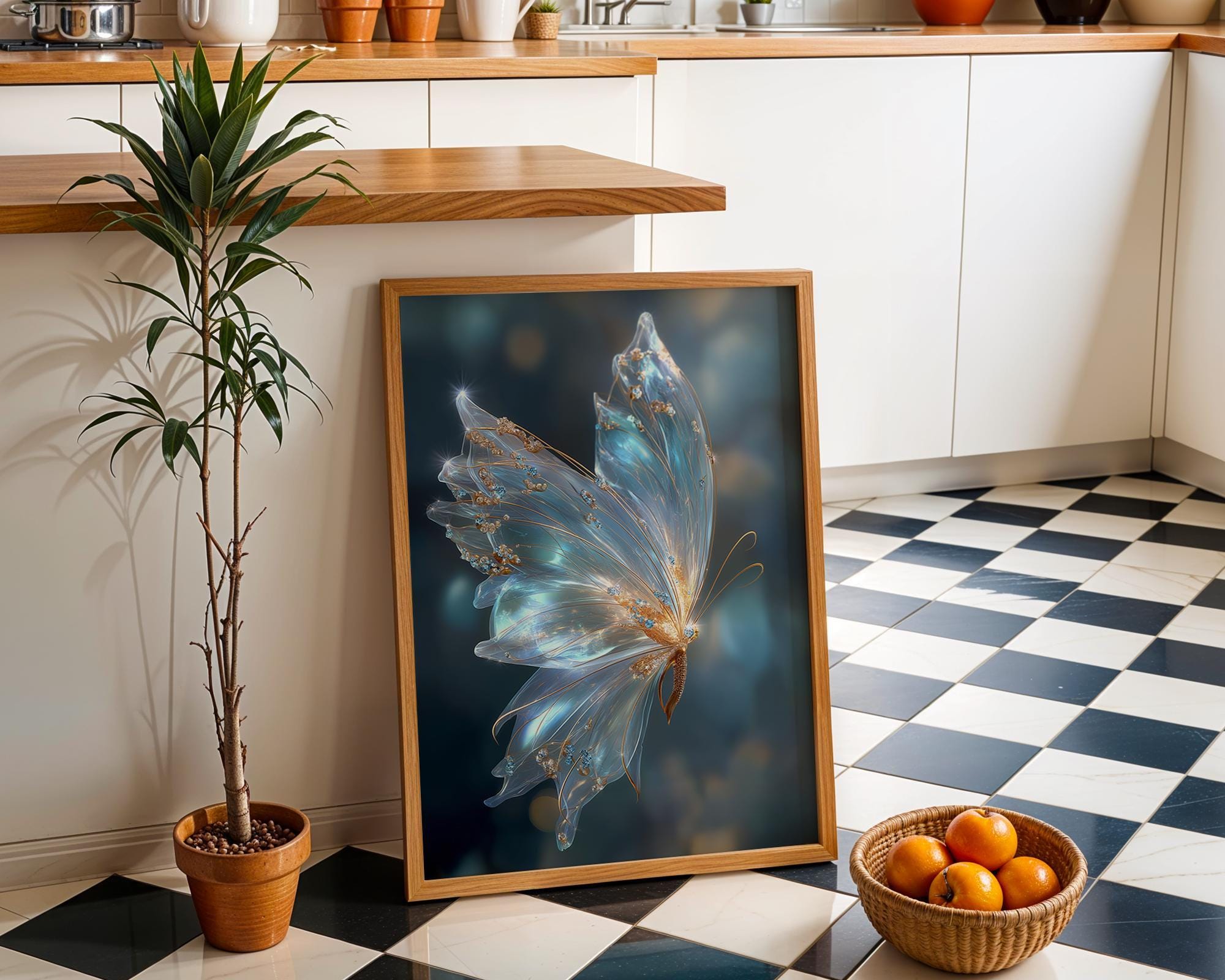 Ethereal Butterfly Magical Blue & Gold Celestial Wall Art by The Wall Art Studio