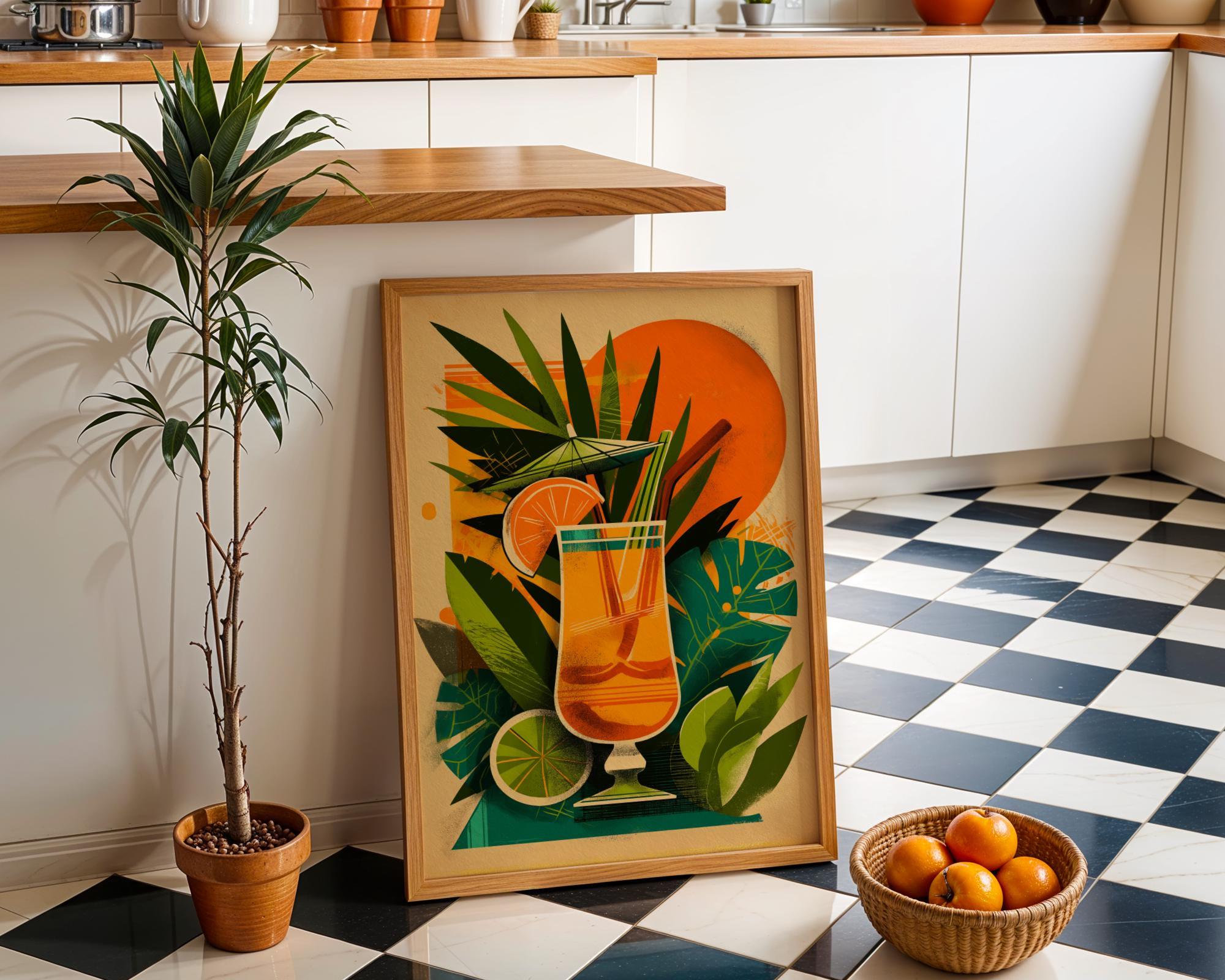 Tropical Tiki Bar Cocktail Retro Citrus Drink with Palm Leaves & Orange Sun Wall Art