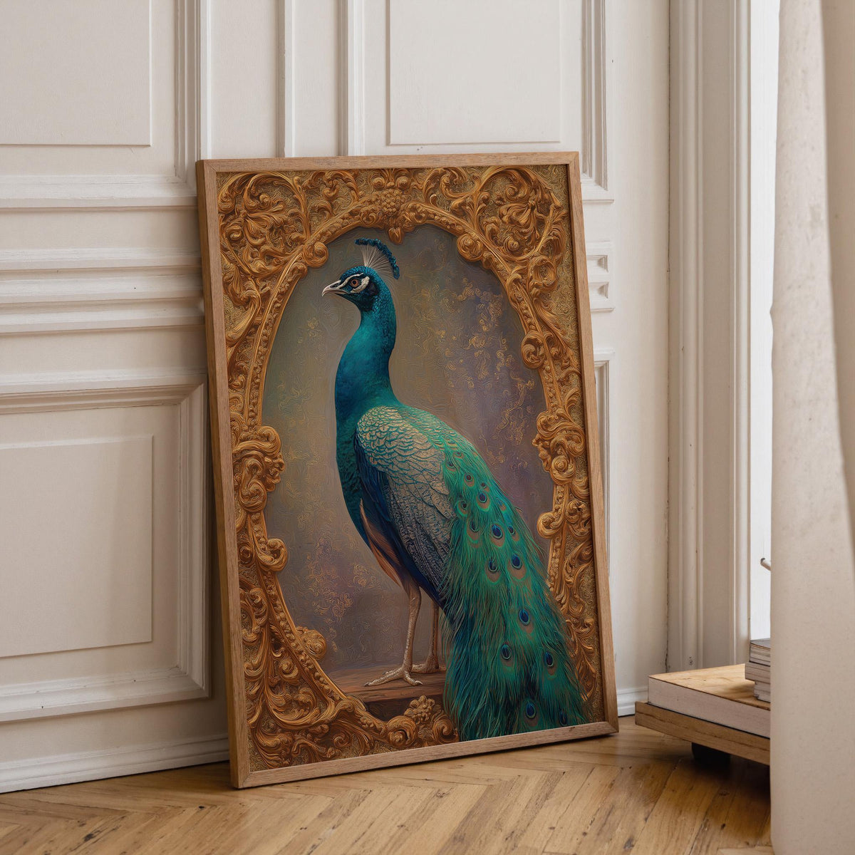 Regal Peacock Vintage Ornate Frame Bird Luxurious Classical Animal Wall Art