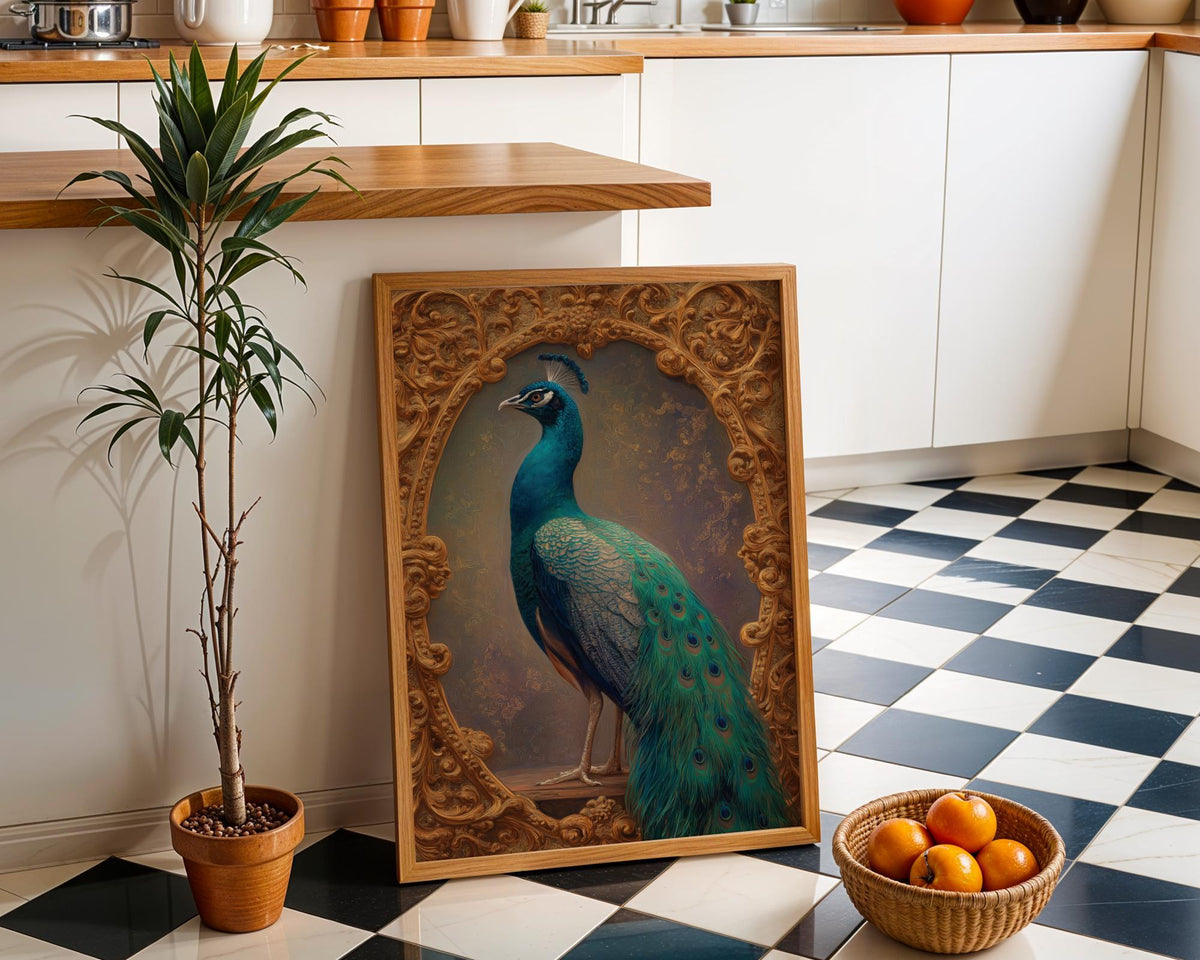 Regal Peacock Vintage Ornate Frame Bird Luxurious Classical Animal Wall Art