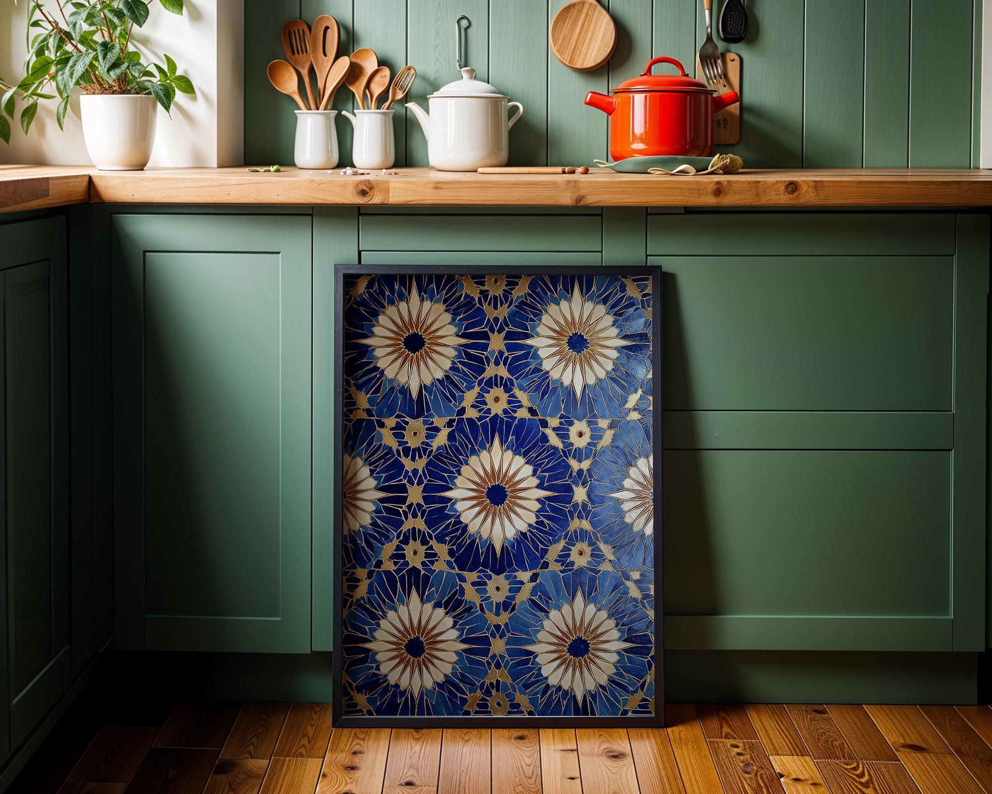 Blue Moroccan Tile Wall Art Print, Geometric Pattern Poster, Mediterranean Decor, Boho Coastal Blue Artwork (Framed Option)