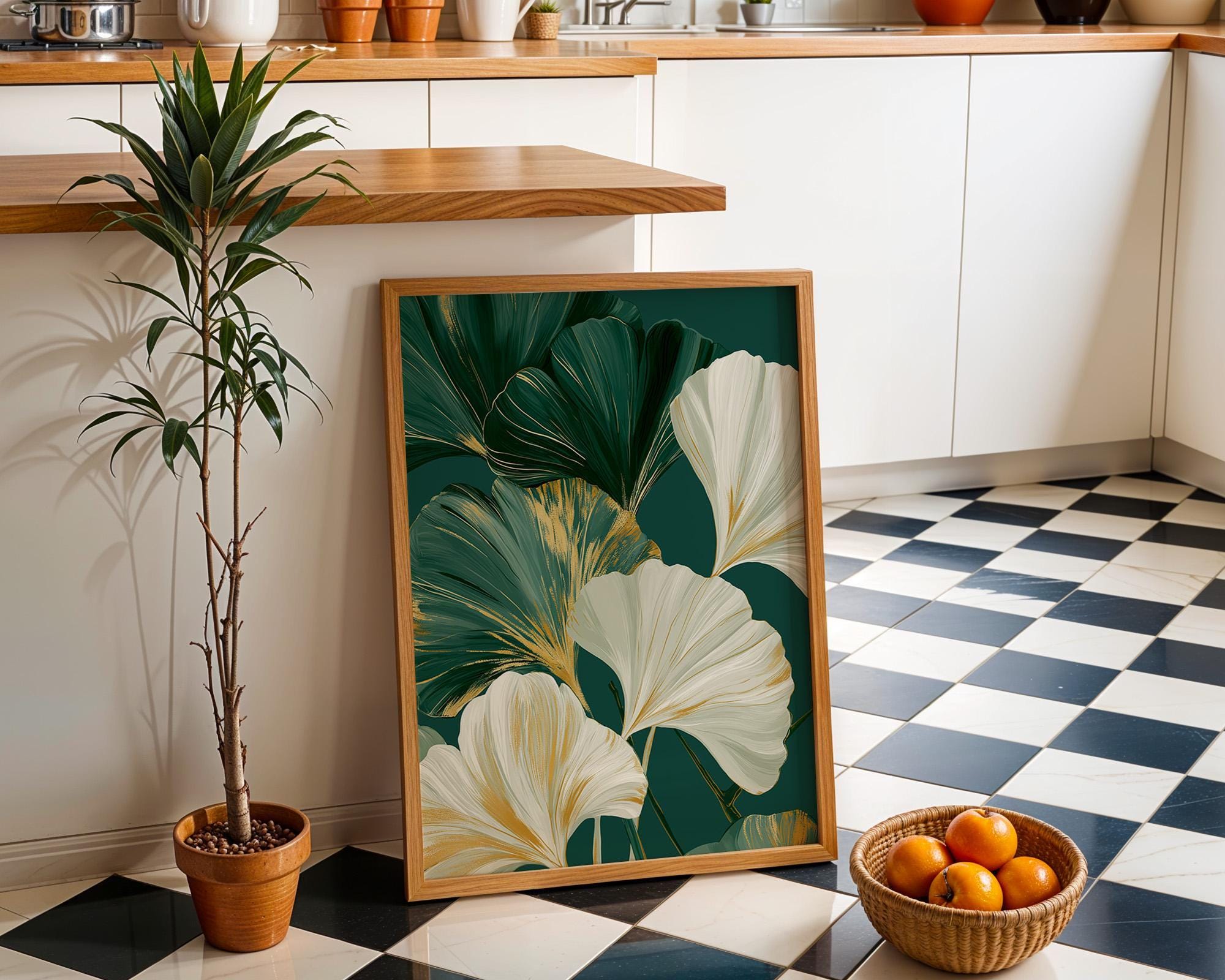 Green & Gold Art Deco Ginkgo Leaf Print Botanical Wall Art by The Wall Art Studio