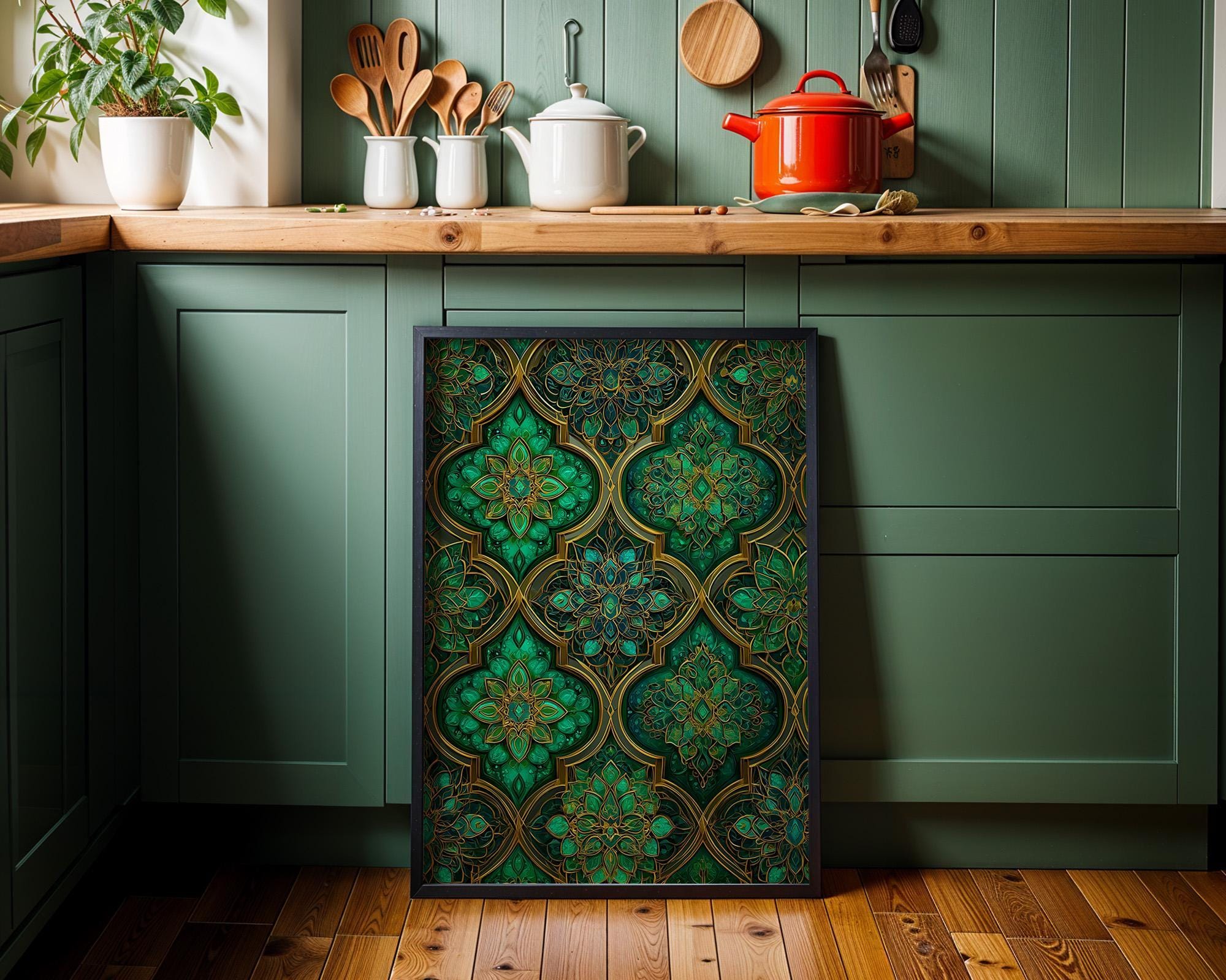 Green & Gold Moroccan Tile Geometric Pattern Wall Art by The Wall Art Studio