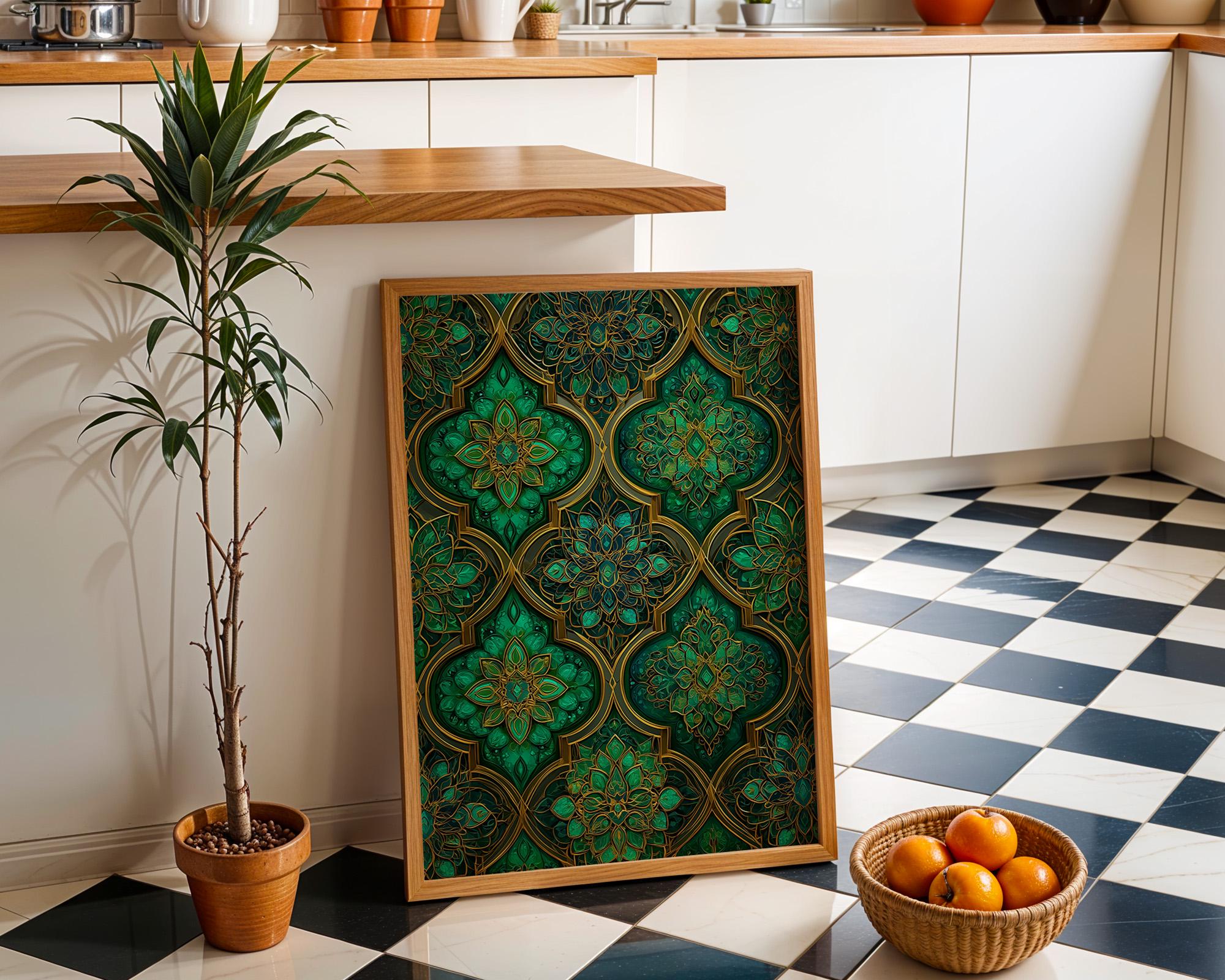 Green & Gold Moroccan Tile Geometric Pattern Wall Art by The Wall Art Studio