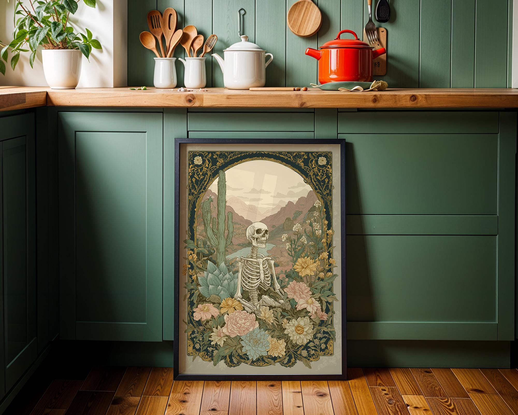 Floral Skeleton Western Gothic Desert Botanical Wall Art by The Wall Art Studio - physical