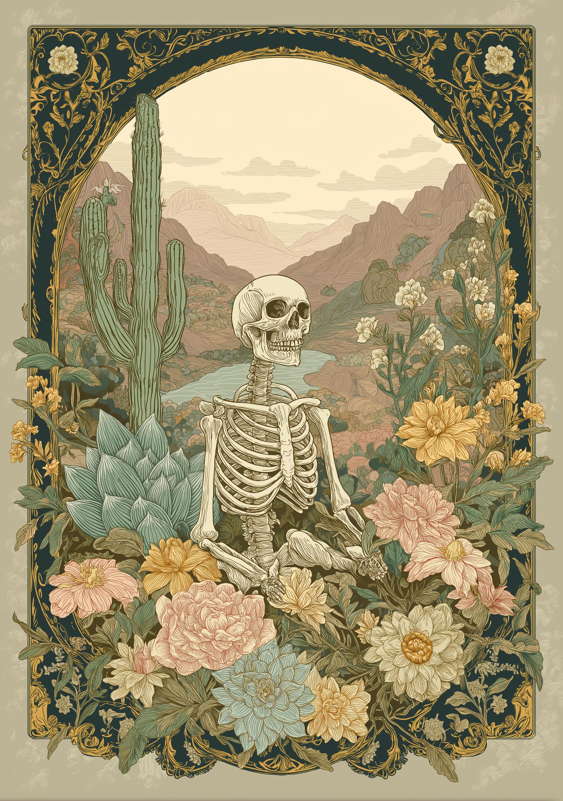 Floral Skeleton Western Gothic Desert Botanical Wall Art by The Wall Art Studio - physical