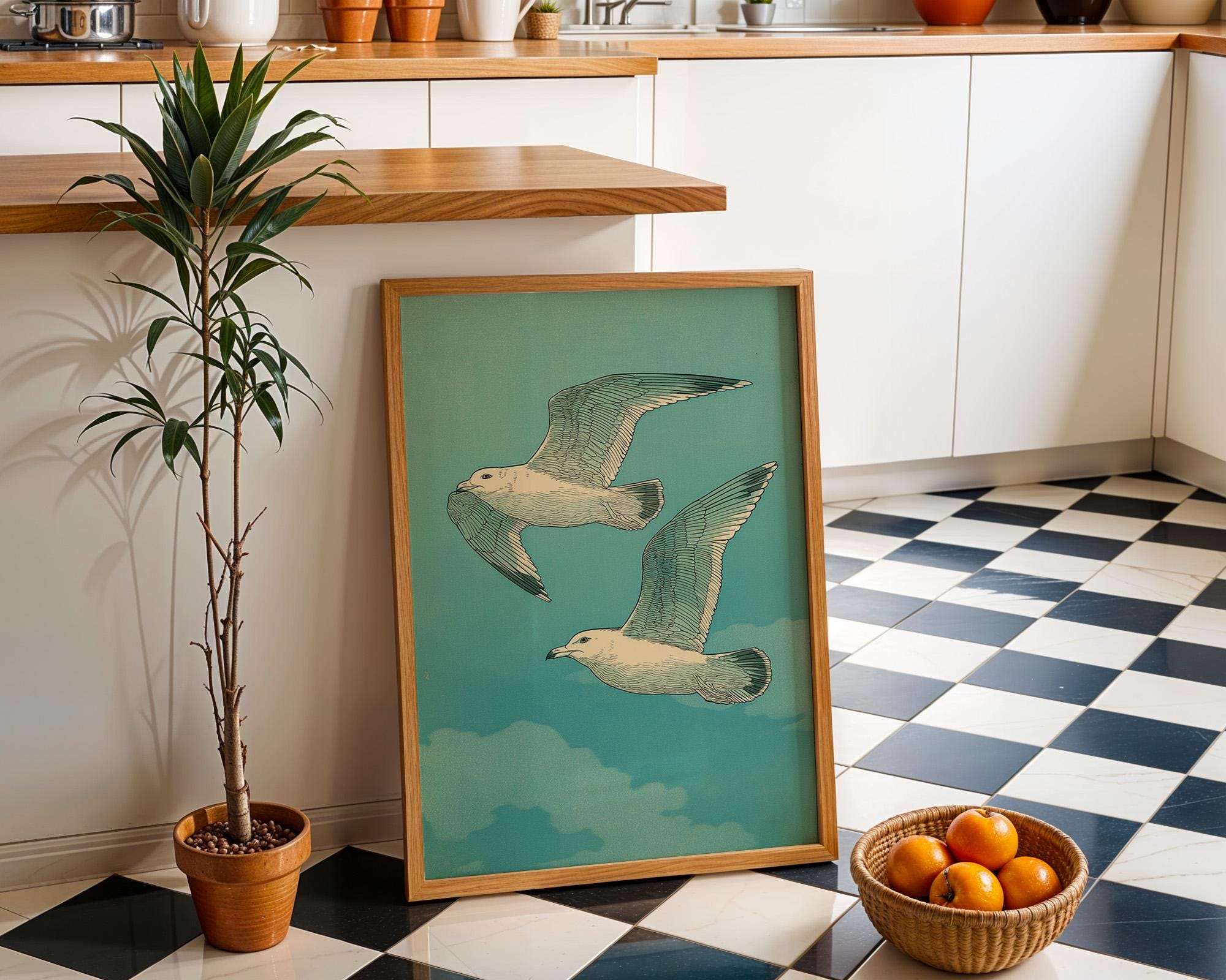 Japanese Style Seagull Ukiyo-e Teal Ocean Wall Art by The Wall Art Studio