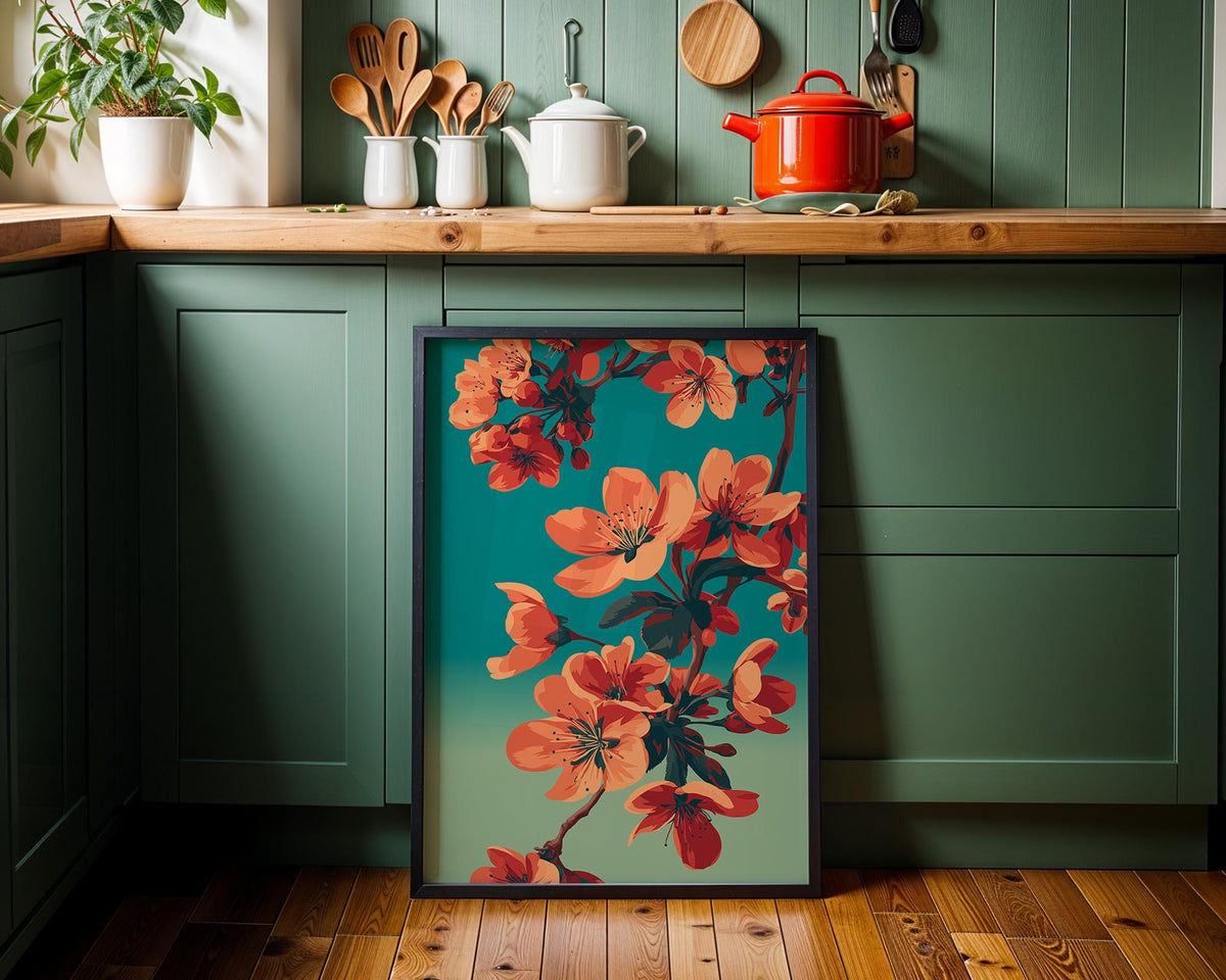Cherry Blossom Bold Floral Teal & Orange Japandi Wall Art
