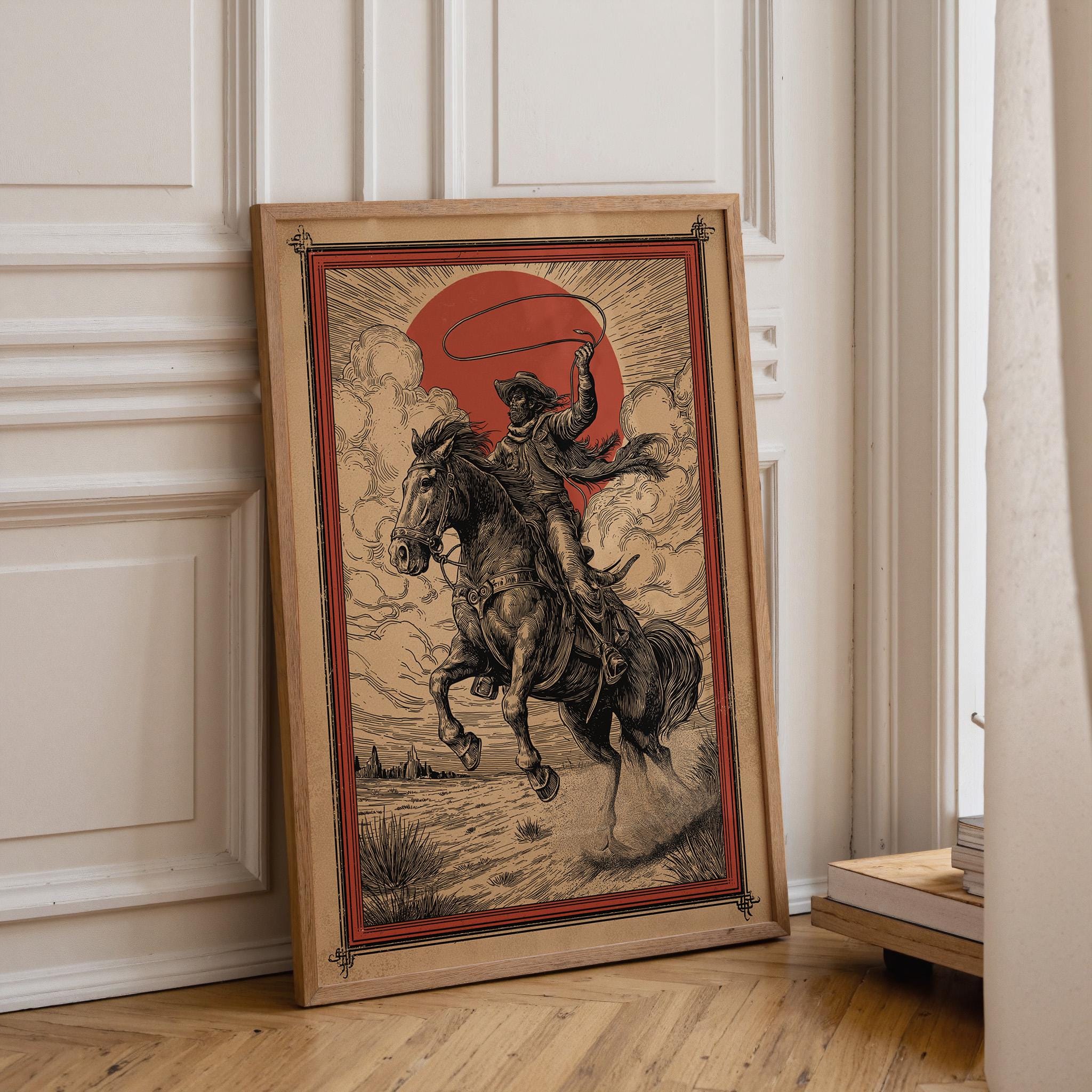 Western Cowboy Lasso Rider Wild West Horse Desert Sunset Wall Art by The Wall Art Studio - physical