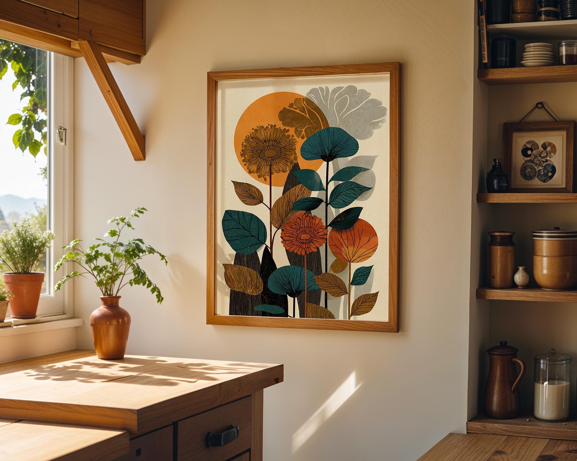 Mid Century Botanical Abstract Floral Retro Sun Scandinavian Wall Art