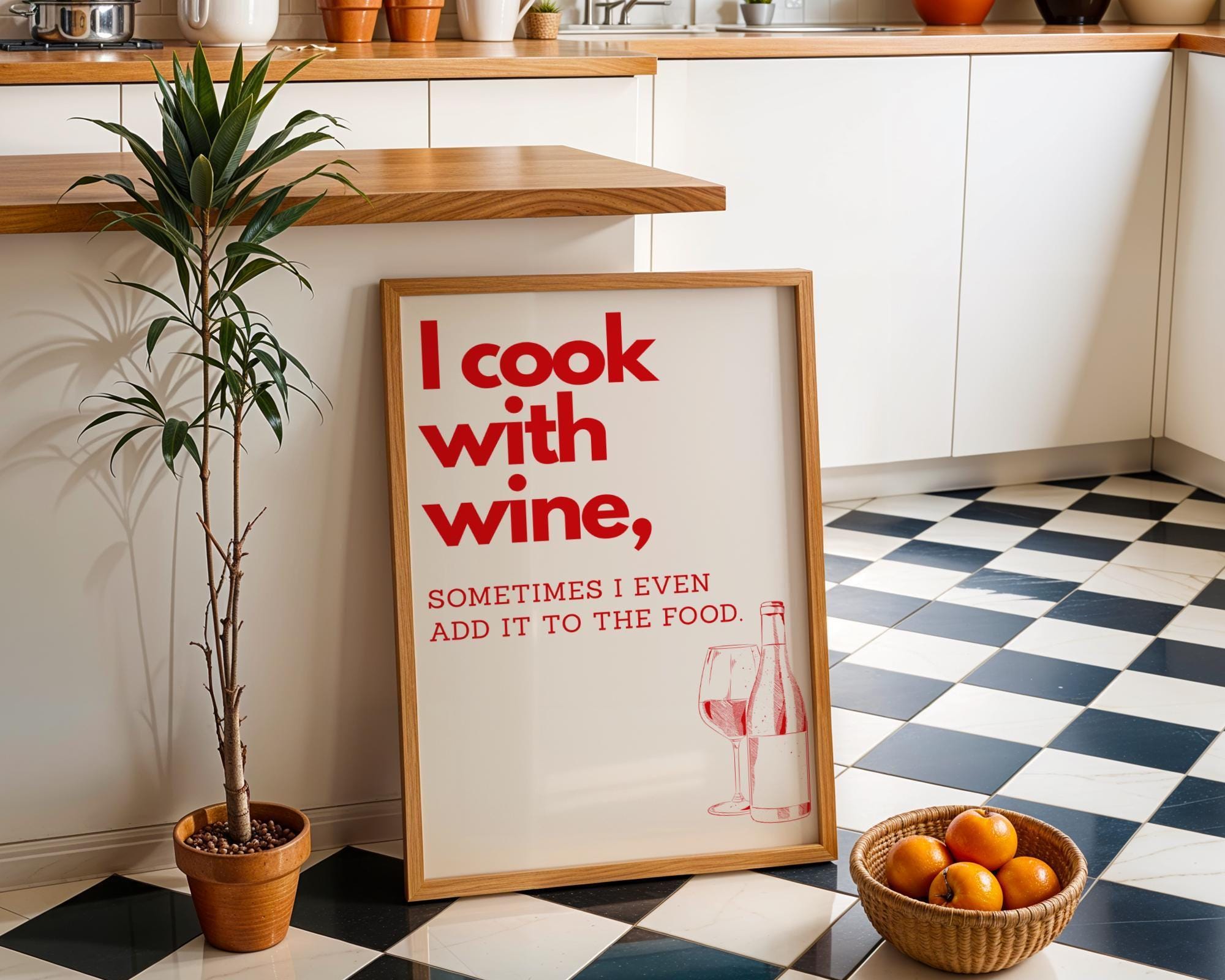 I Cook With Wine Poster | Retro Kitchen Wall Art, Monochrome Quote Print (Framed Option)