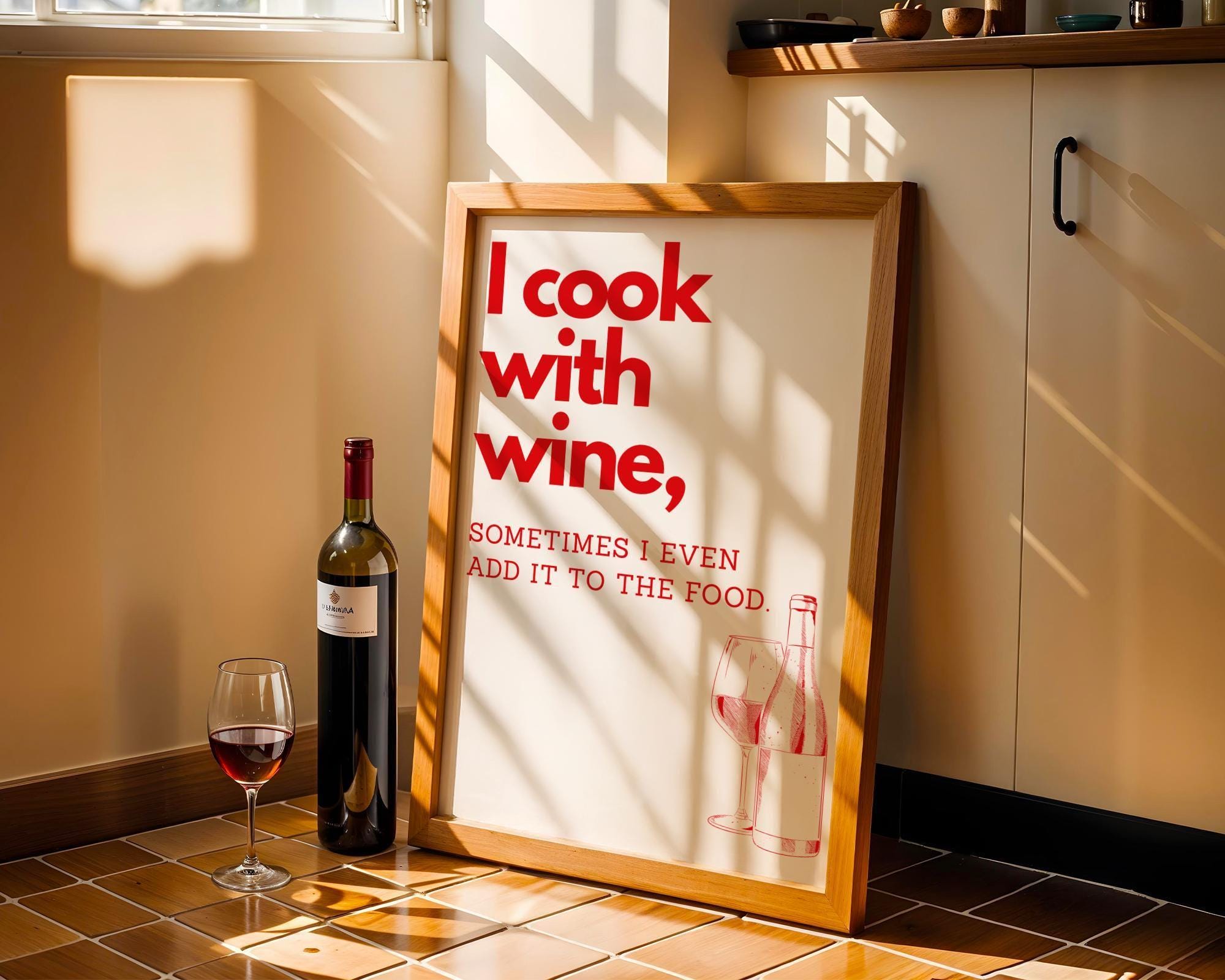 I Cook With Wine Poster | Retro Kitchen Wall Art, Monochrome Quote Print (Framed Option)